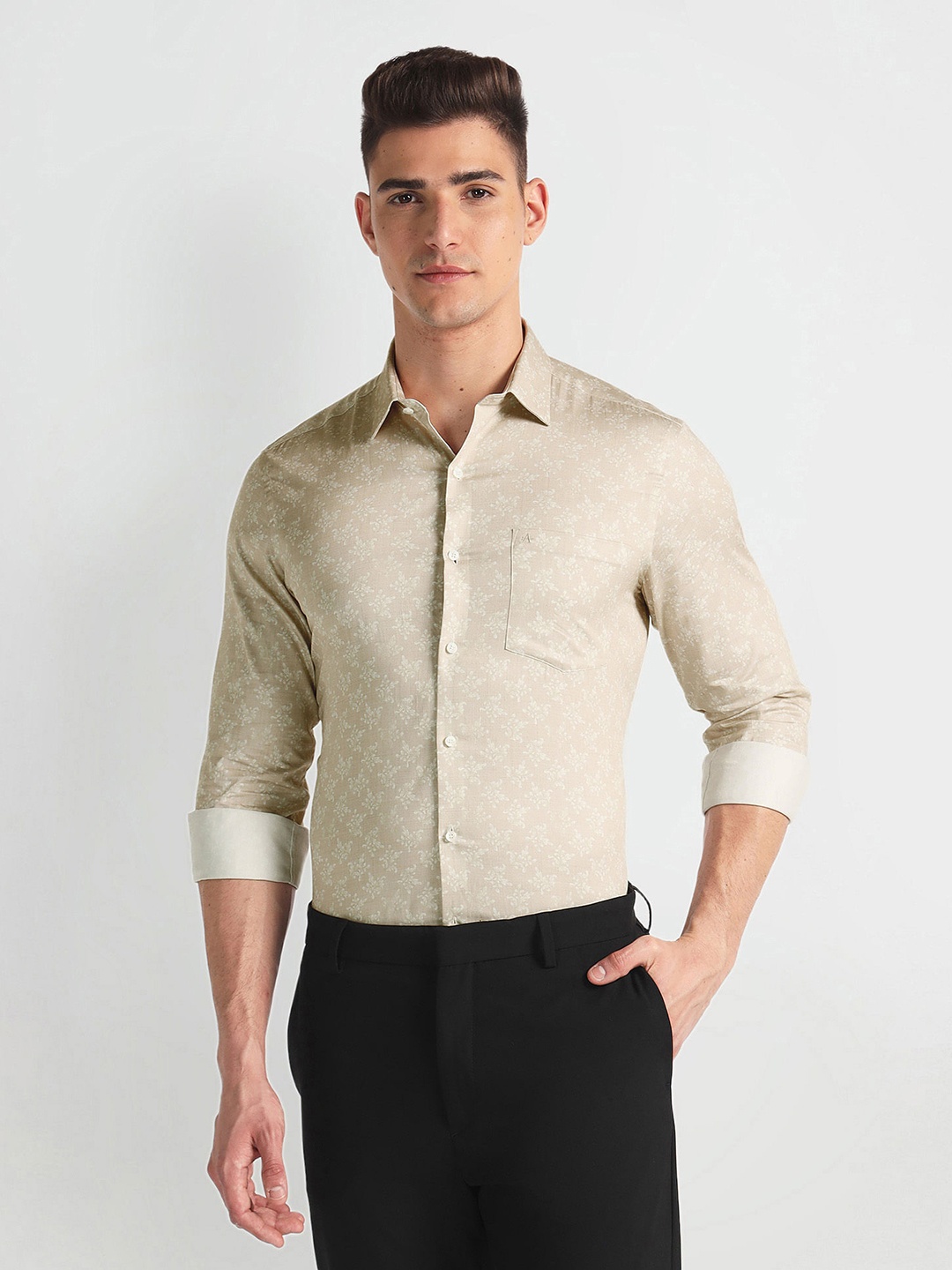 

Arrow Floral Printed Twill Weave Cotton Formal Shirt, Beige