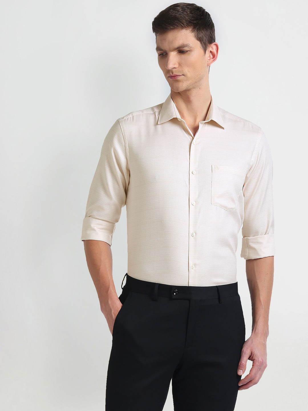 

Arrow Manhattan Self Design Spread Collar Slim Fit Pure Cotton Formal Shirt, Beige