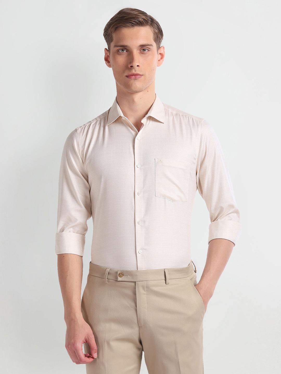 

Arrow Horizontal Striped Spread Collar Cotton Opaque Formal Shirt, Beige