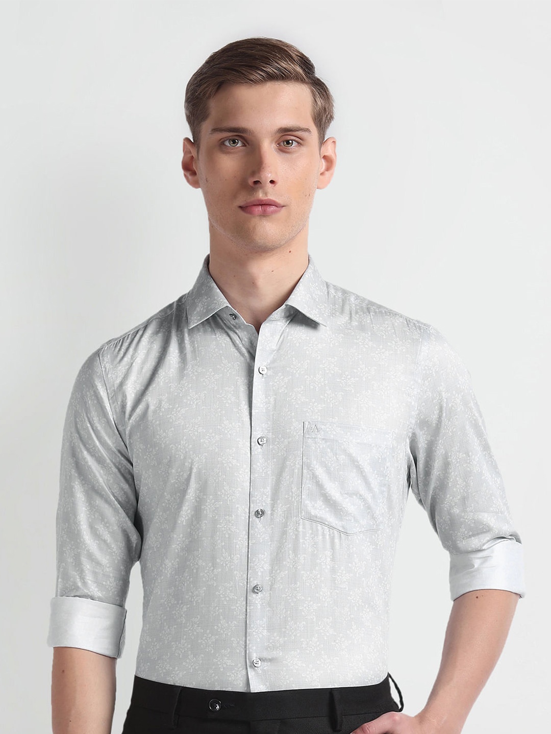 

Arrow Floral Printed Long Sleeves Cotton Formal Shirt, Grey