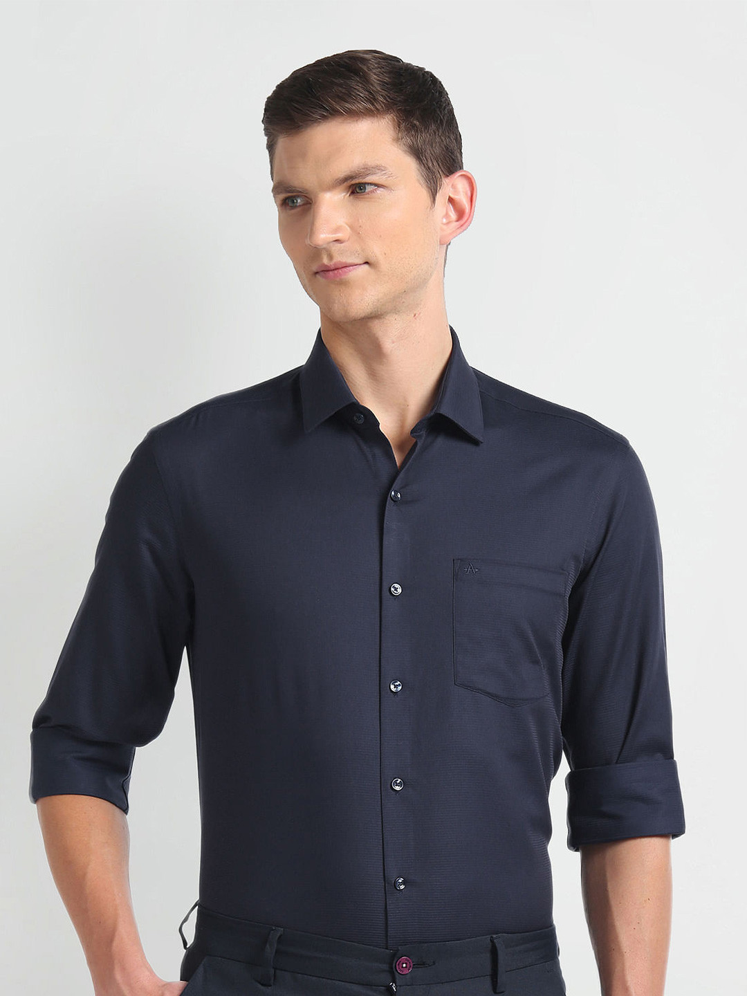 

Arrow Slim Fit Horizontal Striped Pure Cotton Twill Formal Shirt, Navy blue
