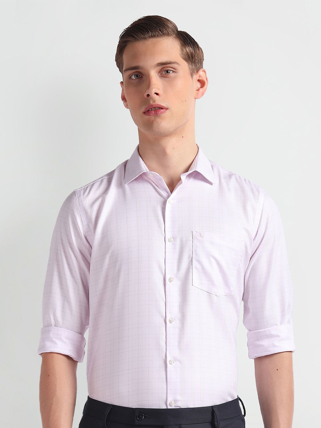 

Arrow Checked Long Sleeves Pure Cotton Twill Autopress Formal Shirt, Pink
