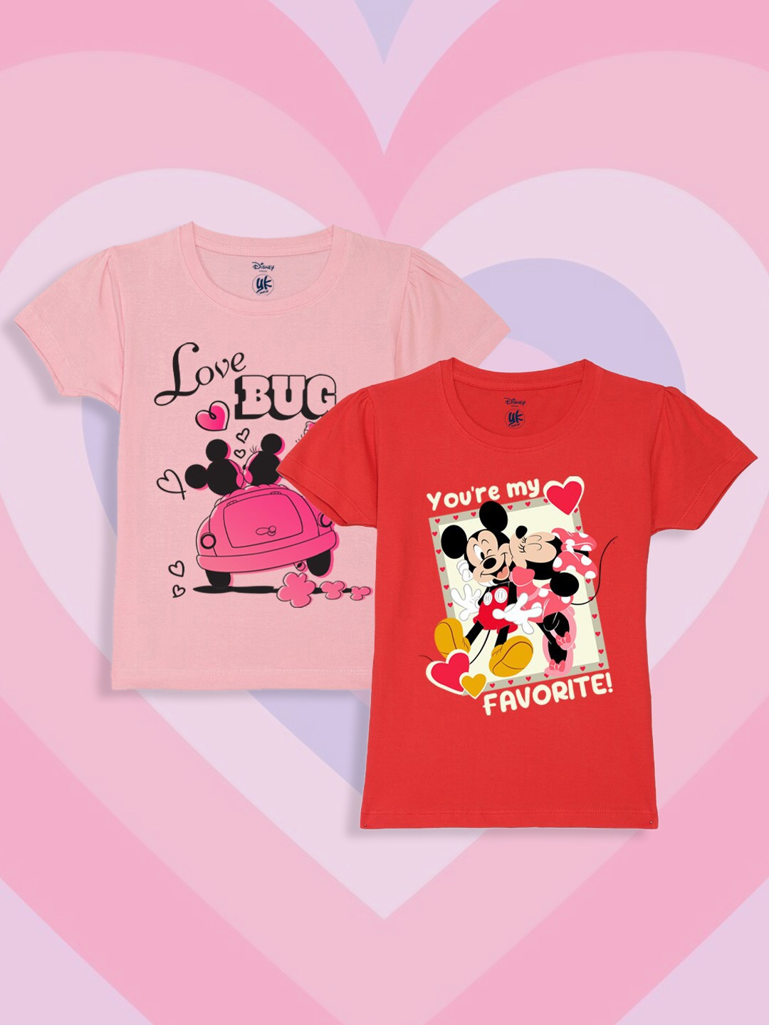 

YK Disney Girls Pack of 2 Printed Round Neck Short Sleeves Pure Cotton Regular T-shirt, Pink