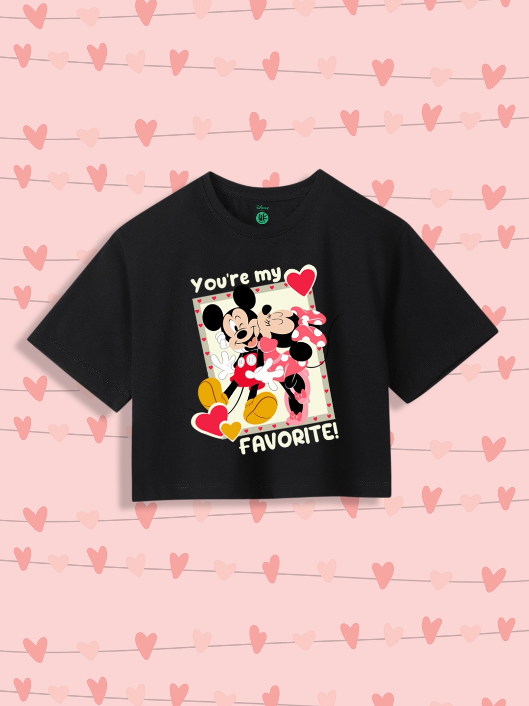 

YK Disney Girls Printed Round Neck Short Sleeves Pure Cotton Boxy Crop T-shirt, Black