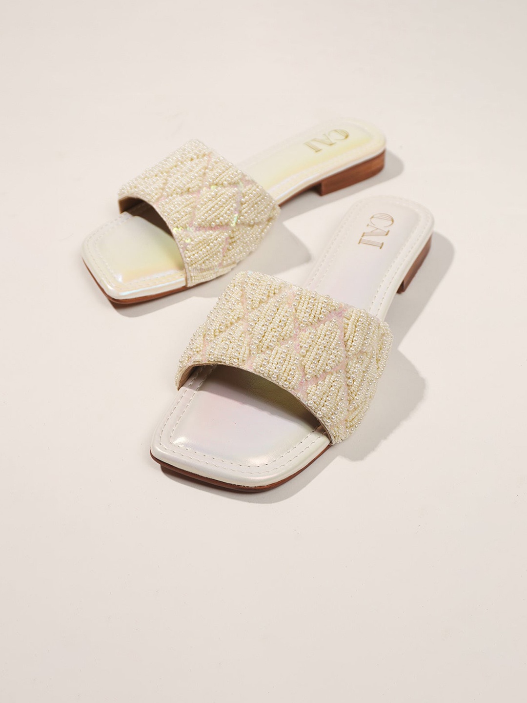 

CAI Embellished Open Toe Flats, White
