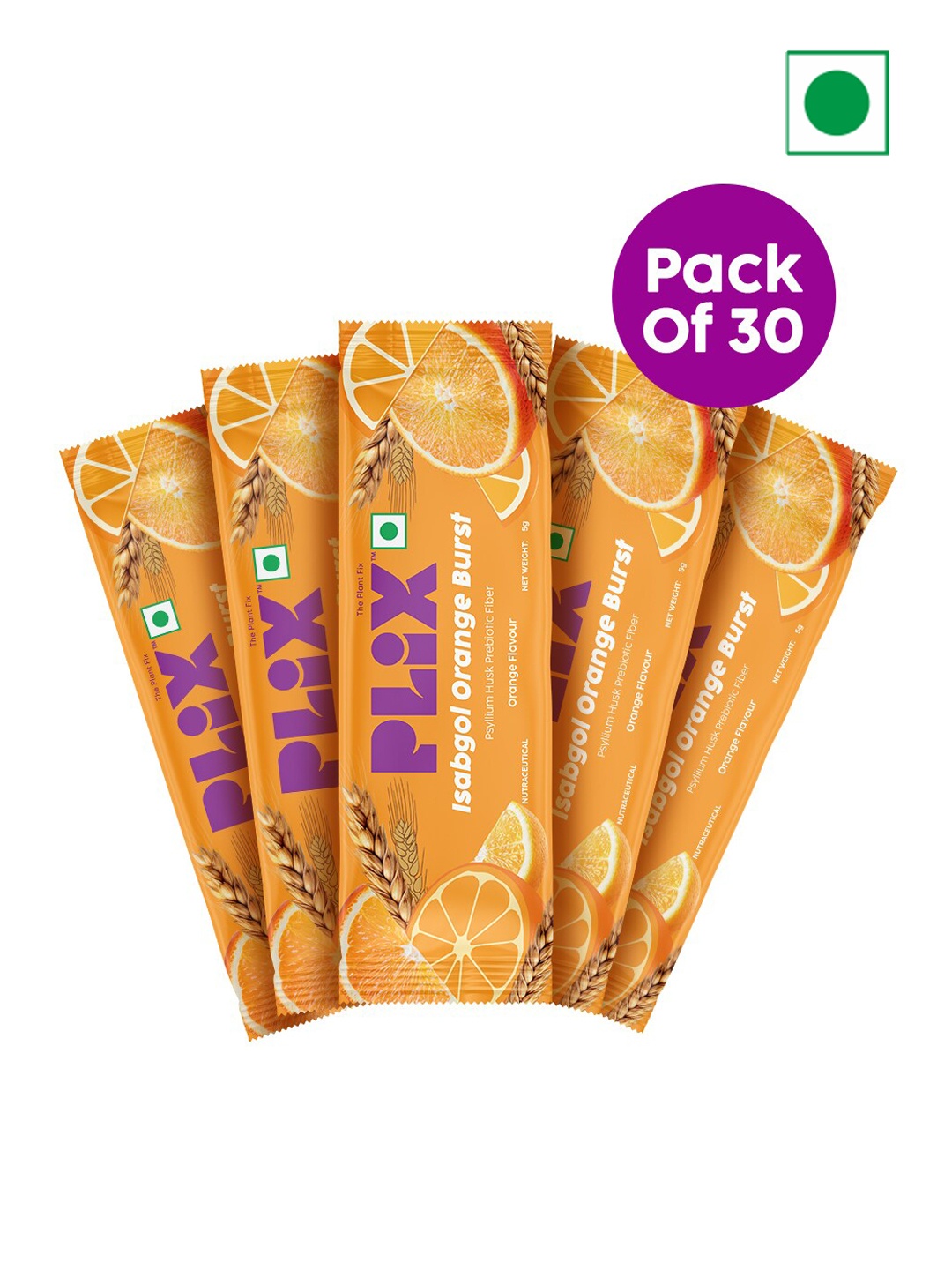 

PLIX THE PLANT FIX Set Of 30 Isabgol Orange Burst Psyllium Husk Prebiotic Fiber - 5g Each