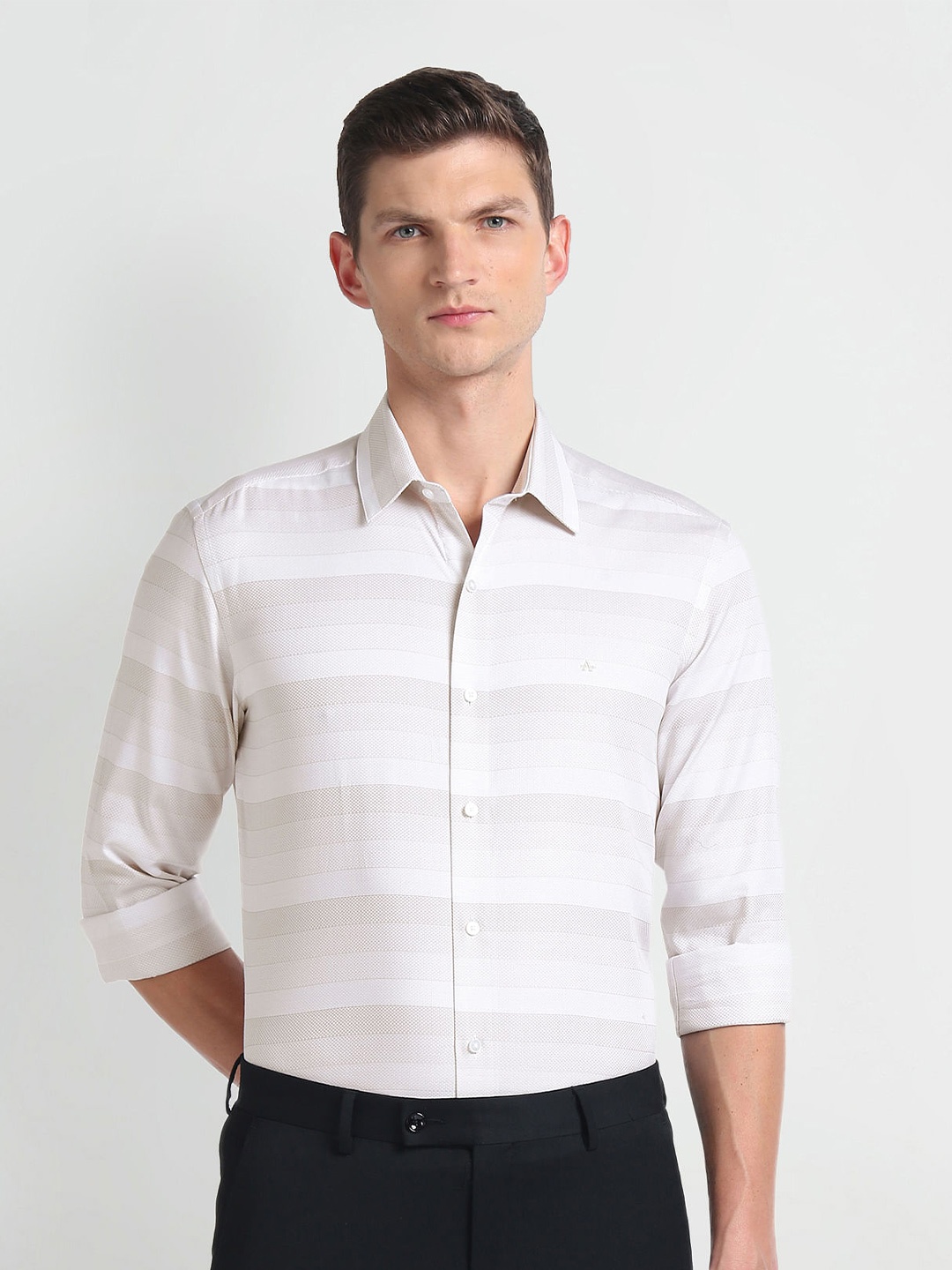 Arrow New York Slim Fit Horizontal Striped Pure Cotton Formal Shirt, Beige