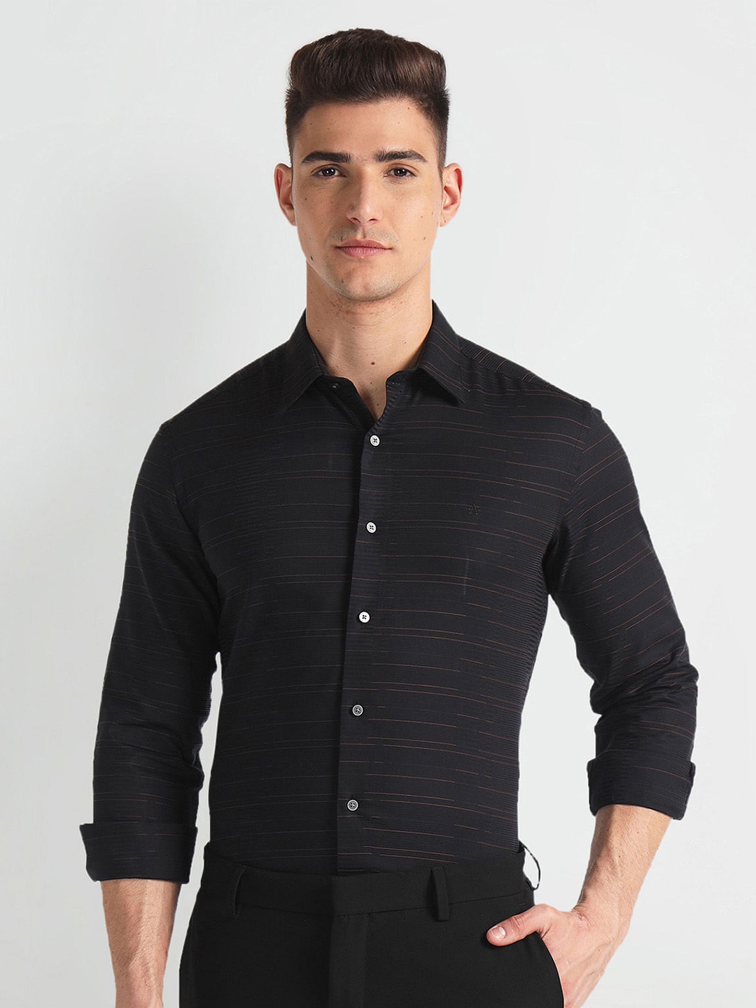 

Arrow New York Slim Fit Horizontal Striped Pure Cotton Formal Shirt, Black