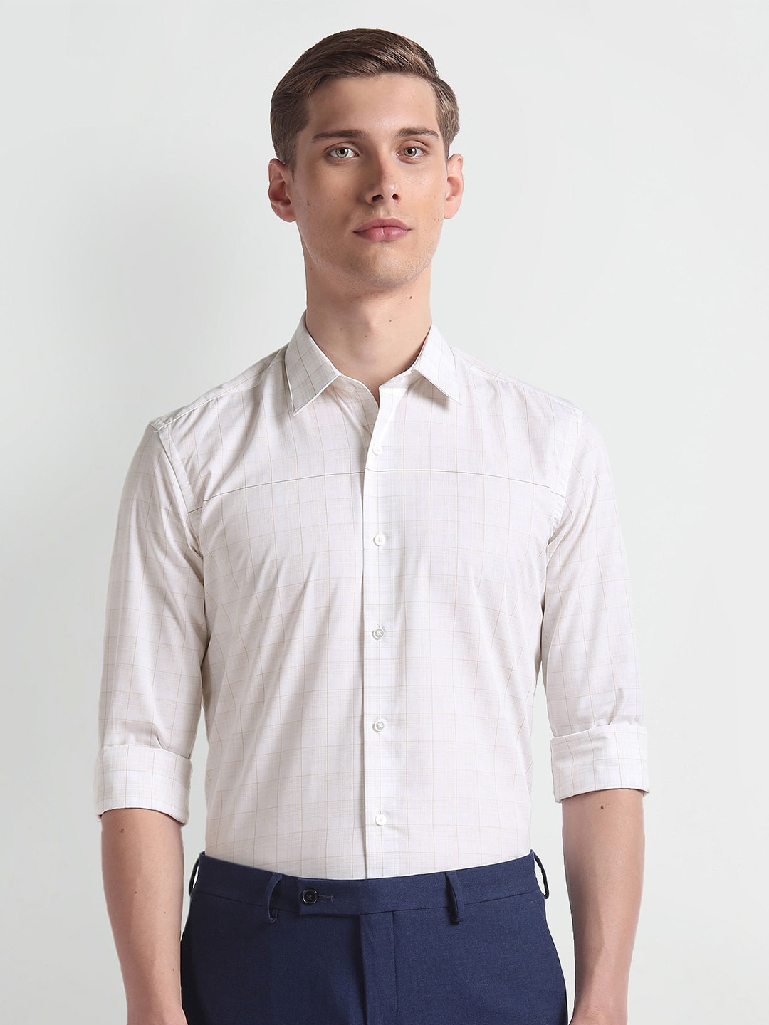

Arrow New York Slim Fit Windowpane Checked Pure Cotton Formal Shirt, White