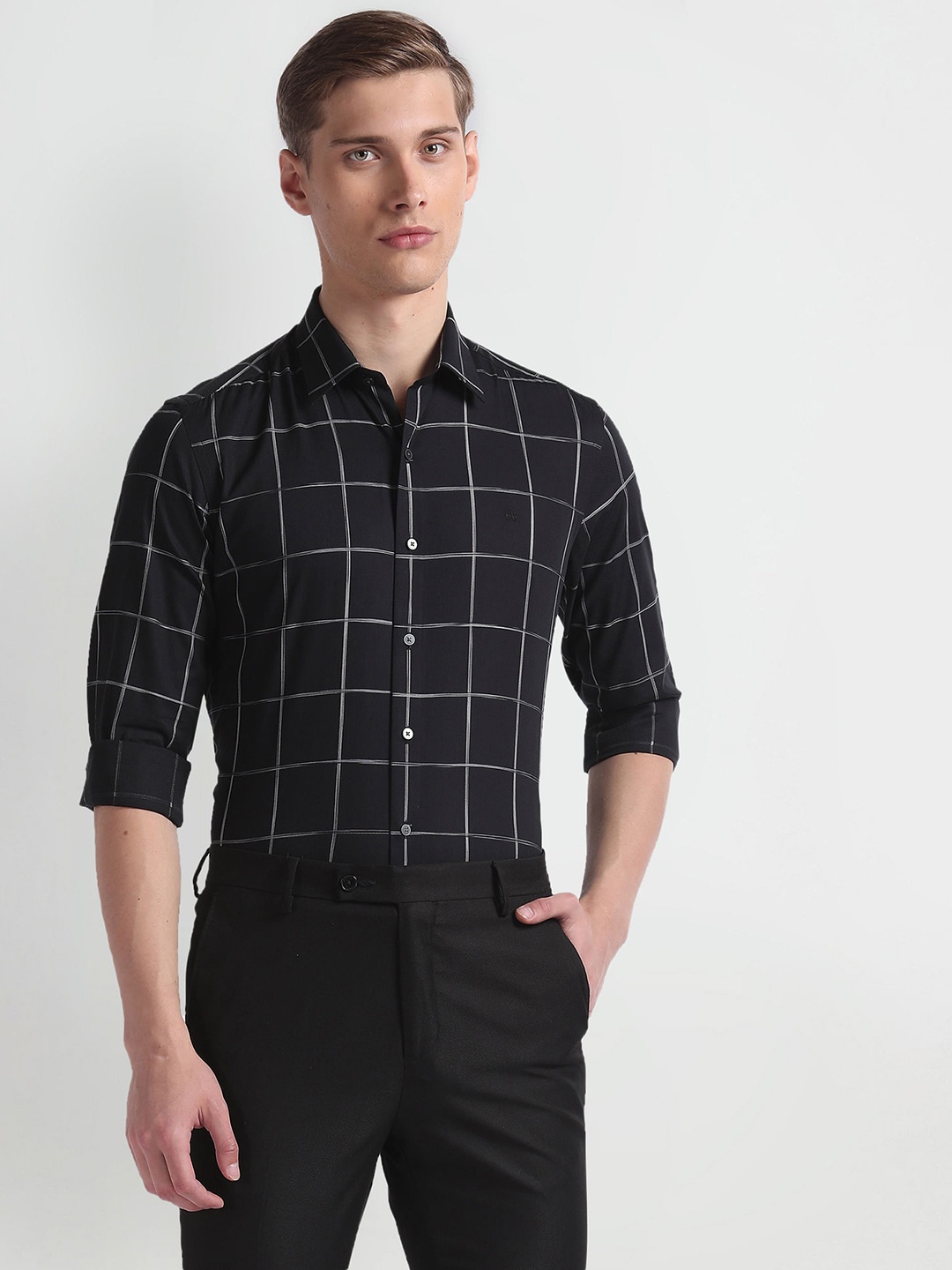 Arrow New York Slim Fit Windowpane Checked Cotton Formal Shirt, Black