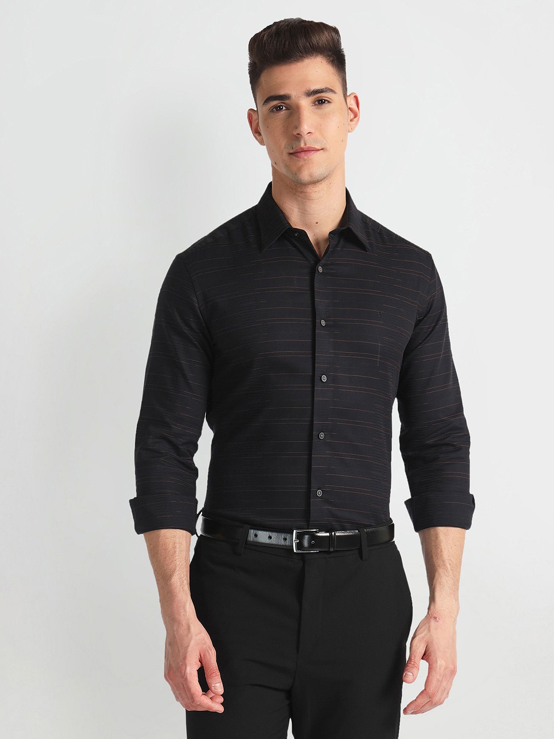 Arrow New York Slim Fit Horizontal Stripes Opaque Striped Cotton Formal Shirt, Black