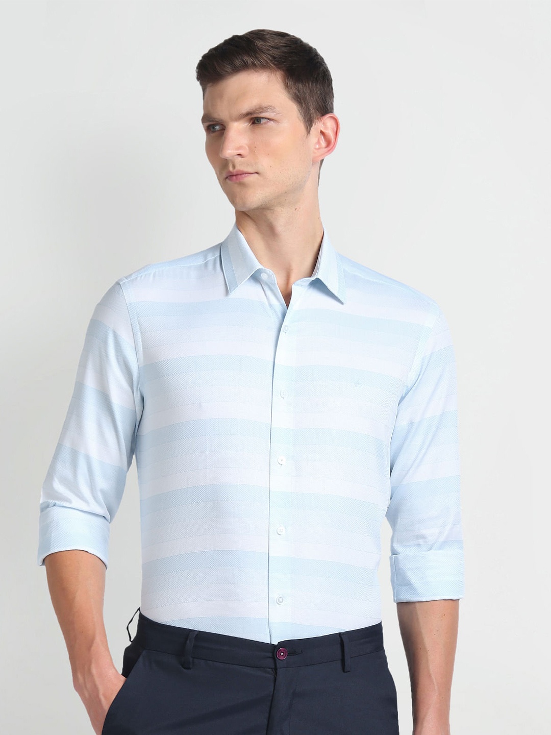 

Arrow New York Slim Fit Horizontal Striped Pure Cotton Casual Shirt, Blue