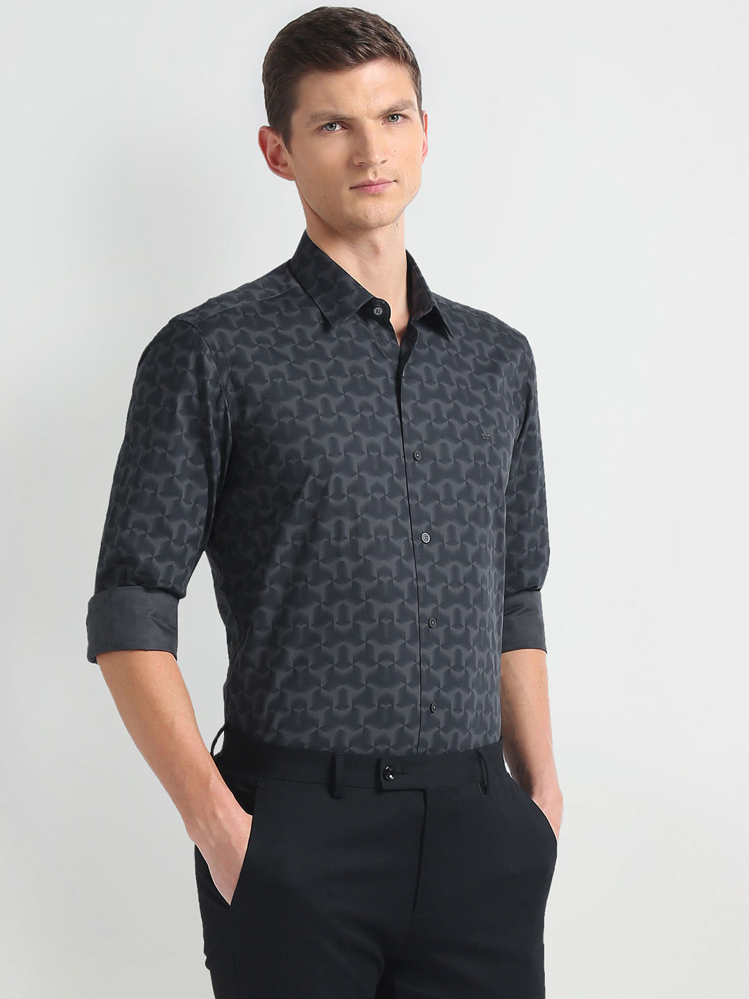 

Arrow New York Printed Spread Collar Pure Cotton Slim Fit Formal Shirt, Black
