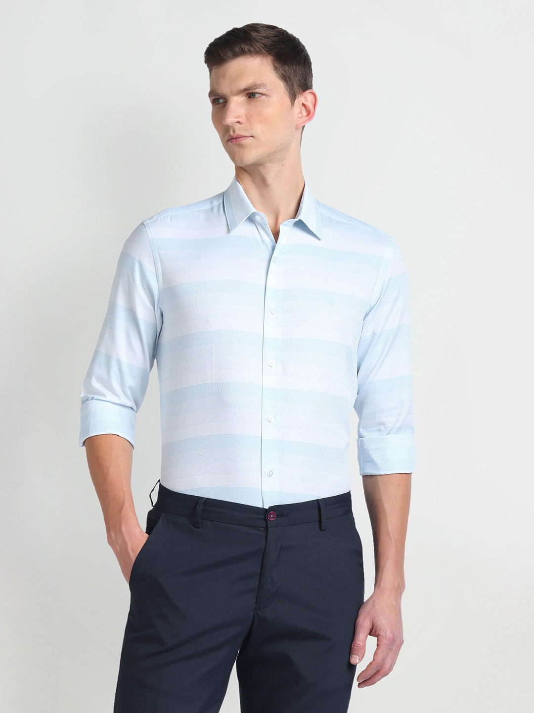 

Arrow New York Horizontal Stripes Spread Collar Pure Cotton Slim Fit Formal Shirt, Blue