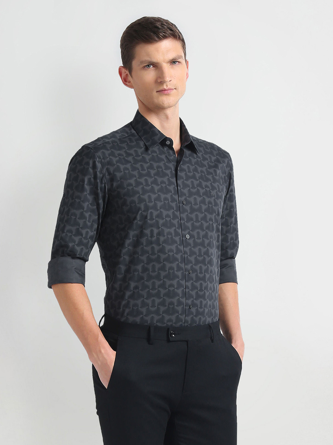 

Arrow New York Spread Collar Long Sleeves Slim Fit Geometric Printed Cotton Formal Shirt, Black