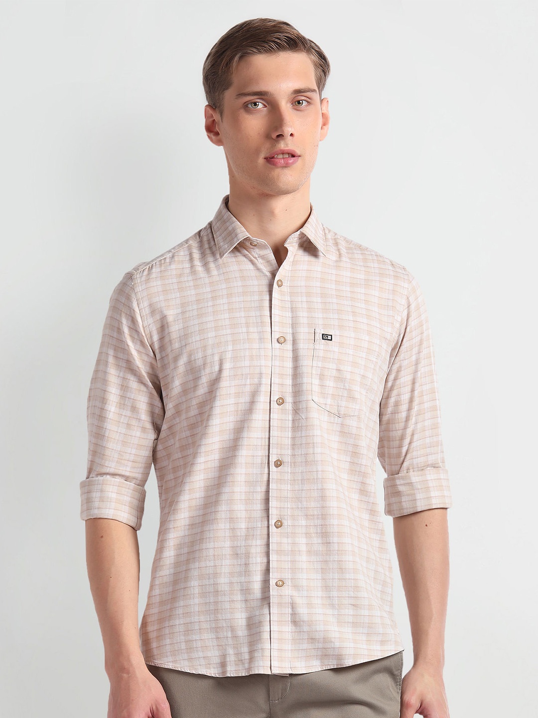 

Arrow Sport Slim Fit Tartan Checked Pure Cotton Oxford Casual Shirt, Beige