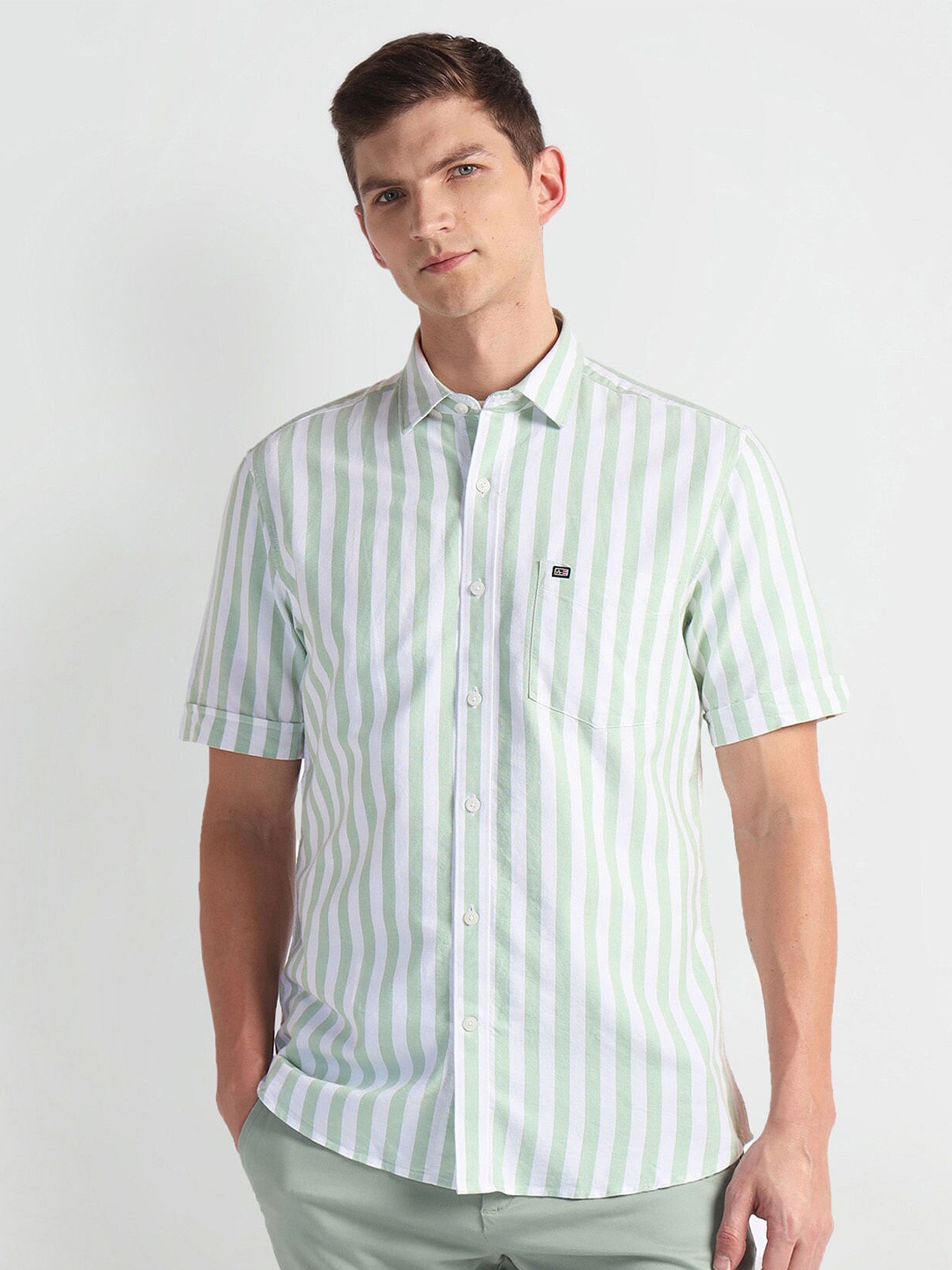 

Arrow Sport Vertical Striped Spread Collar Oxford Casual Shirt, Green