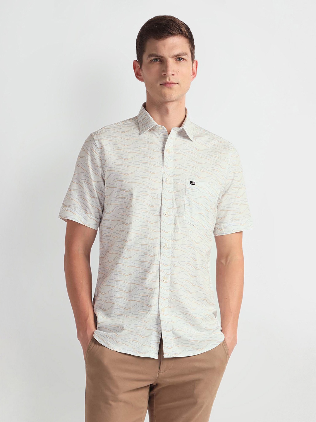Arrow Sport Abstract Printed Twill Weave Casual Shirt, Beige