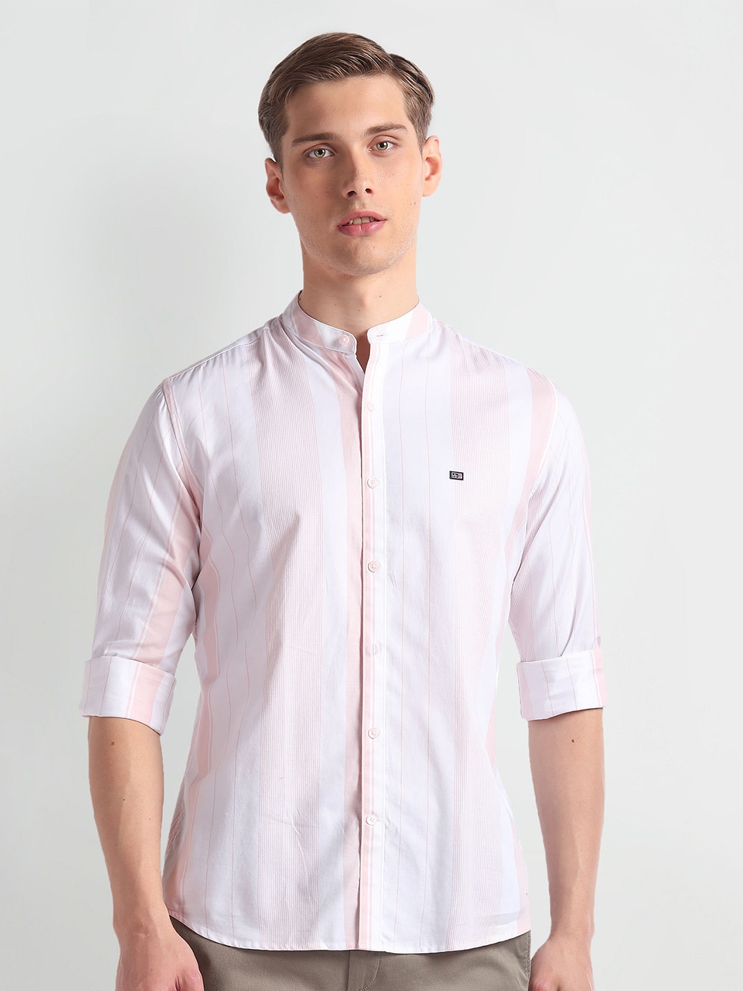 

Arrow Sport Slim Fit Vertical Striped Mandarin Collar Pure Cotton Casual Shirt, Pink