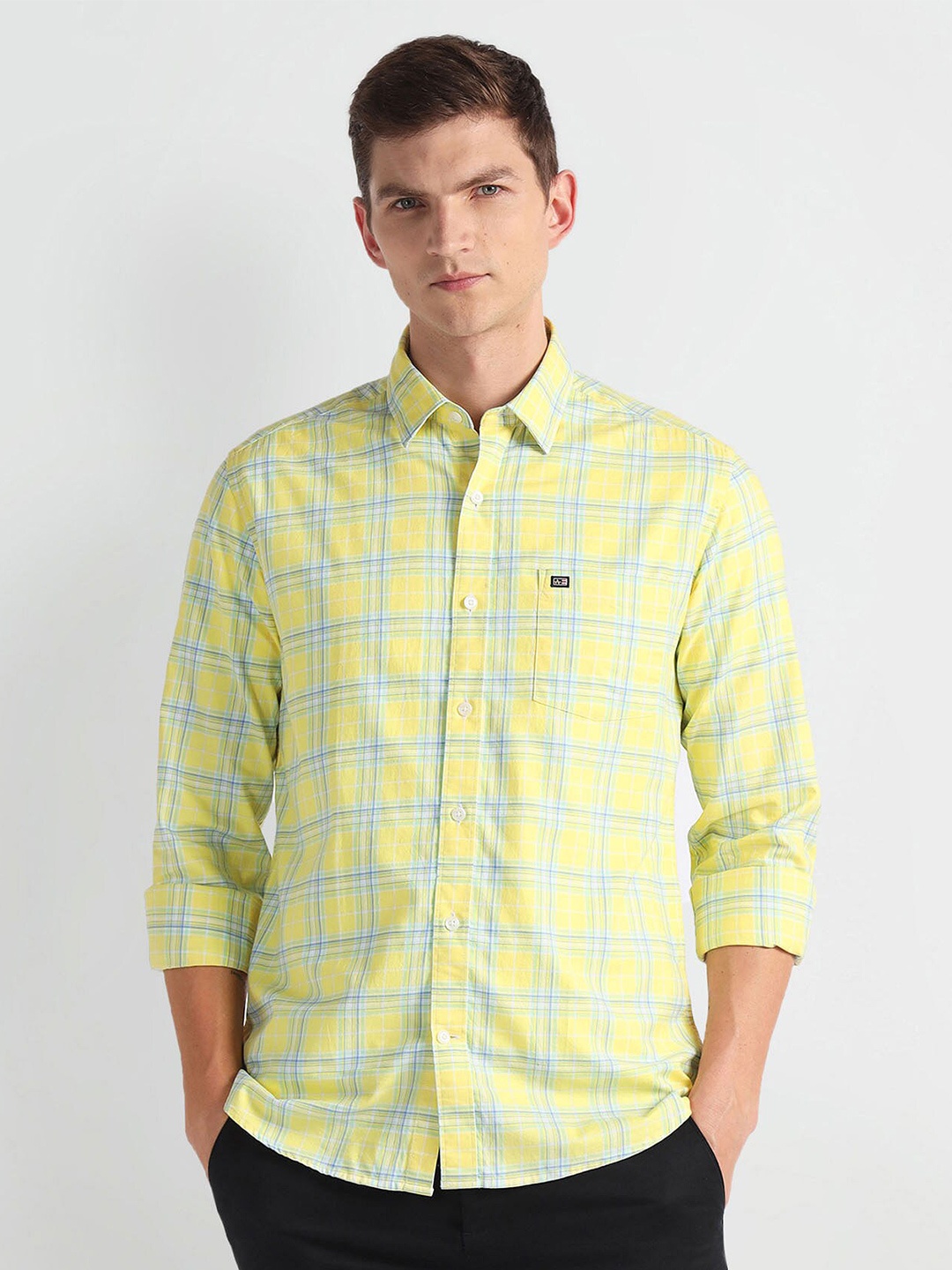 

Arrow Sport Slim Fit Checked Spread Collar Long Sleeves Casual Shirt, Yellow