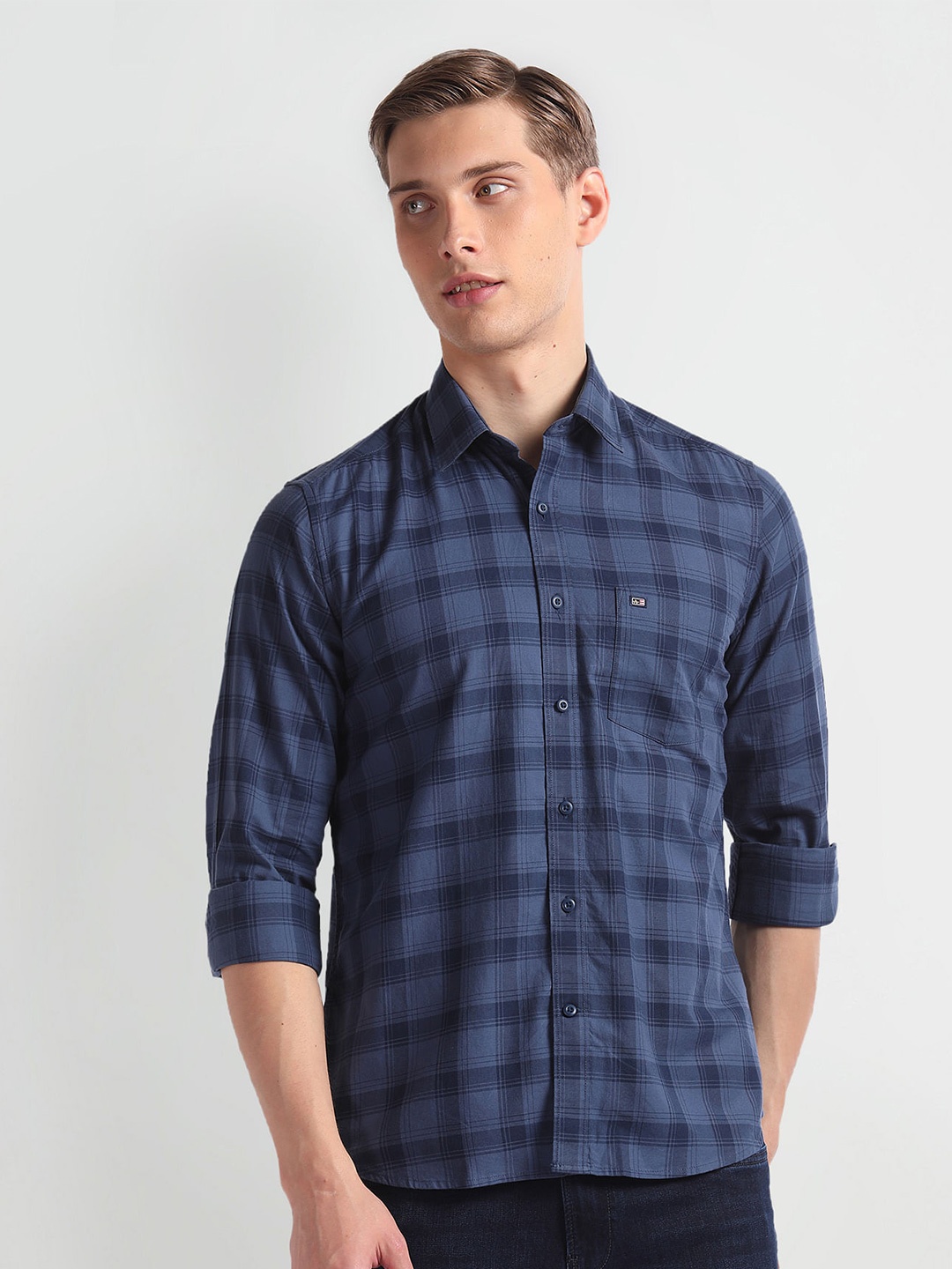 

Arrow Sport Slim Fit Checked Spread Collar Long Sleeves Casual Shirt, Blue
