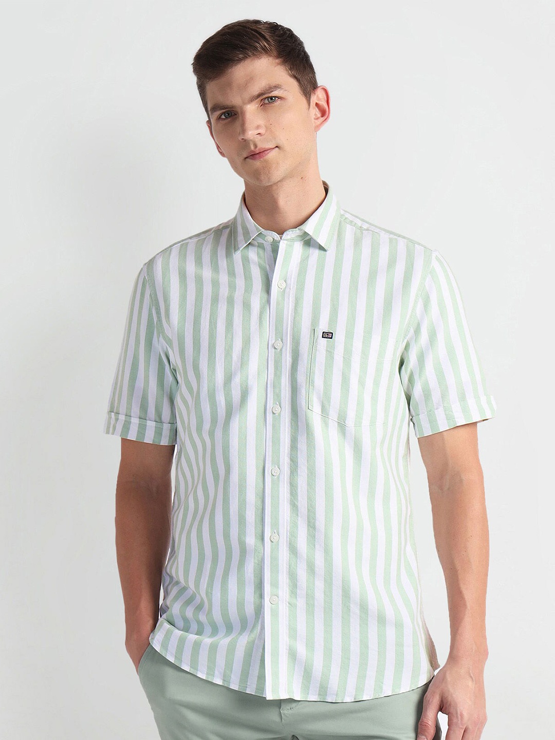 

Arrow Sport Striped Spread Collar Short Sleeves Casual Shirt, Green