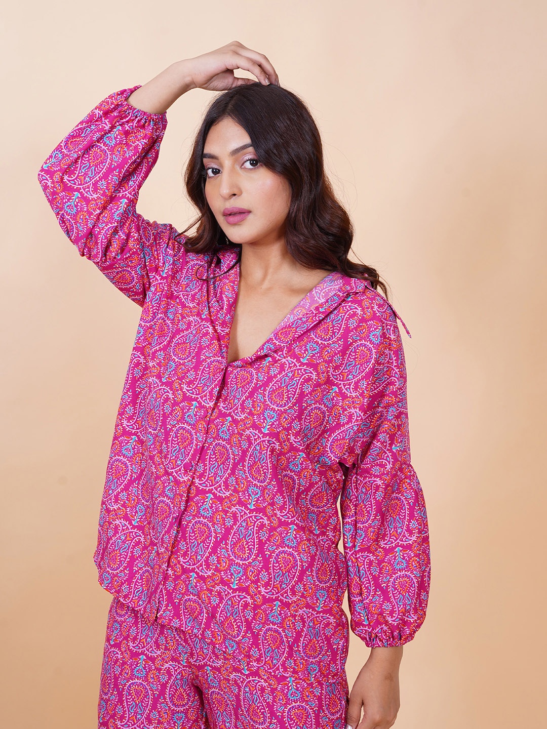 

Salvia Sky Ethnic Motifs Shirt Collar Puff Sleeves Top, Pink