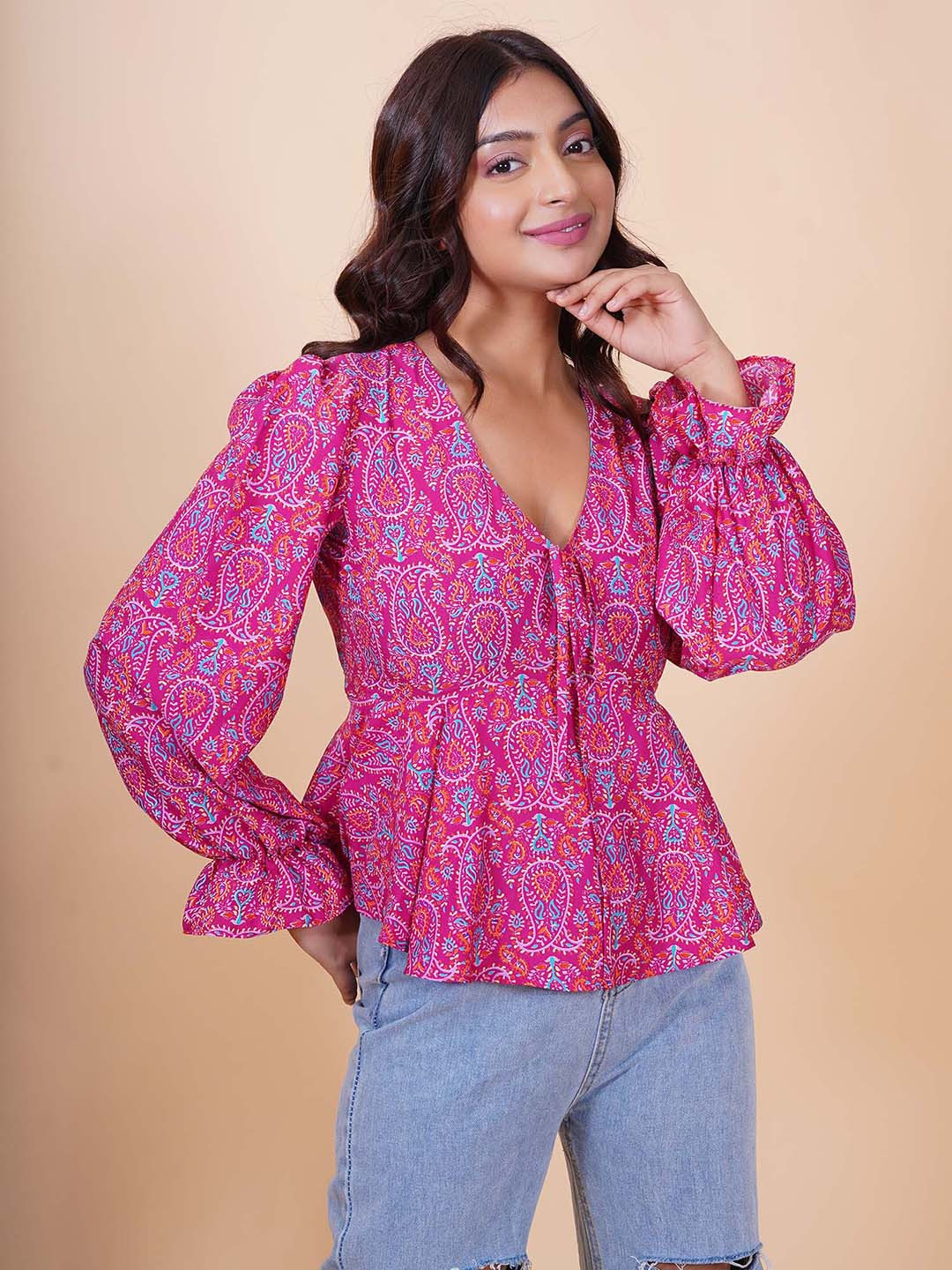 

Salvia Sky Paisley Printed Cinched Waist Top, Pink
