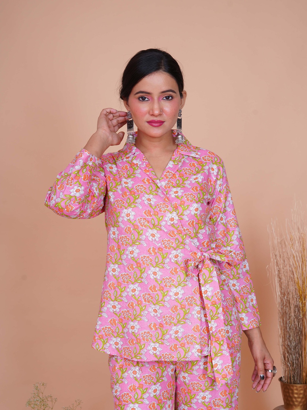 

Salvia Sky Floral Print Cotton Shirt Style Top, Pink