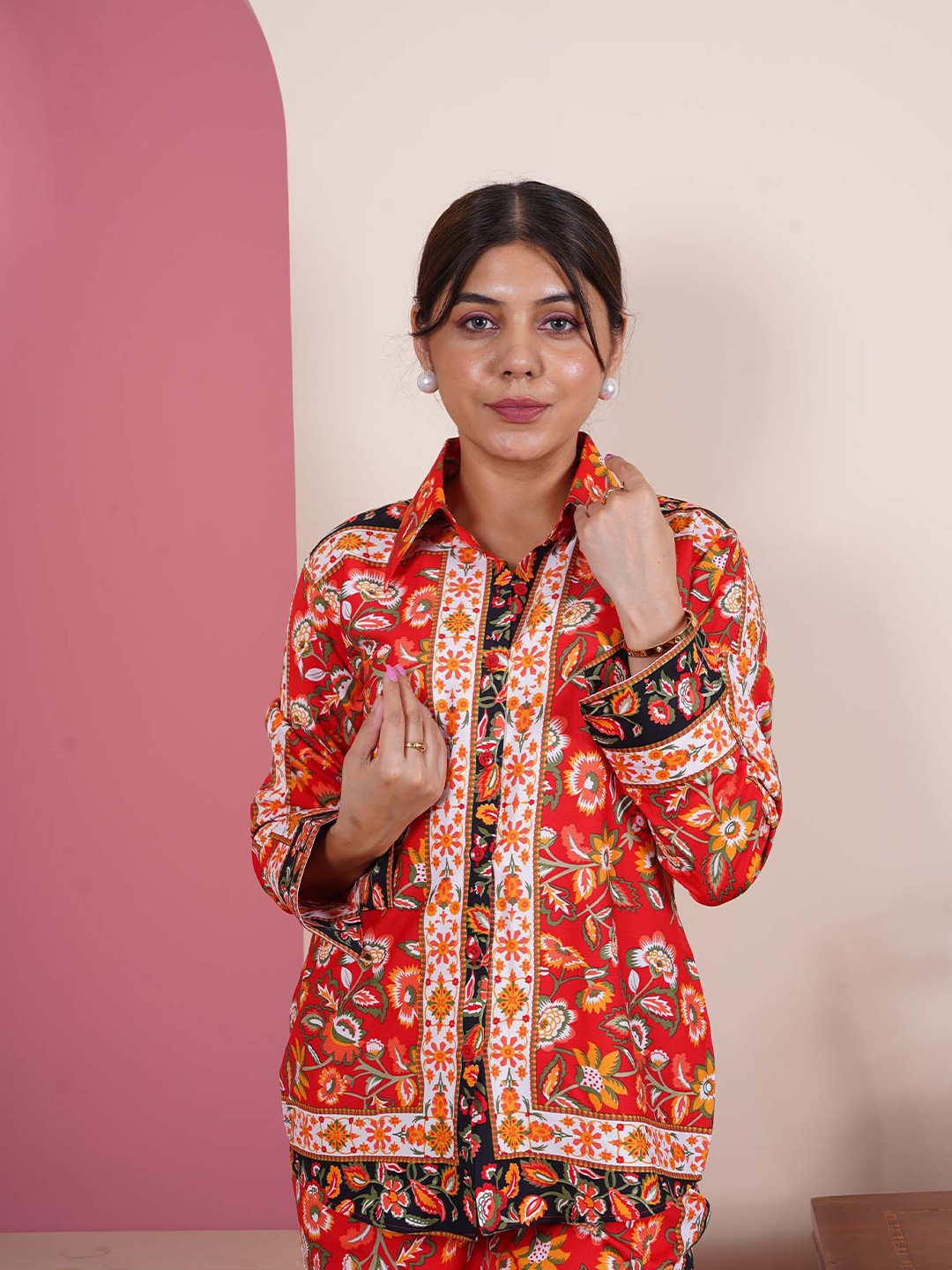 

Salvia Sky Floral Print Long Sleeves Shirt Style Top, Orange