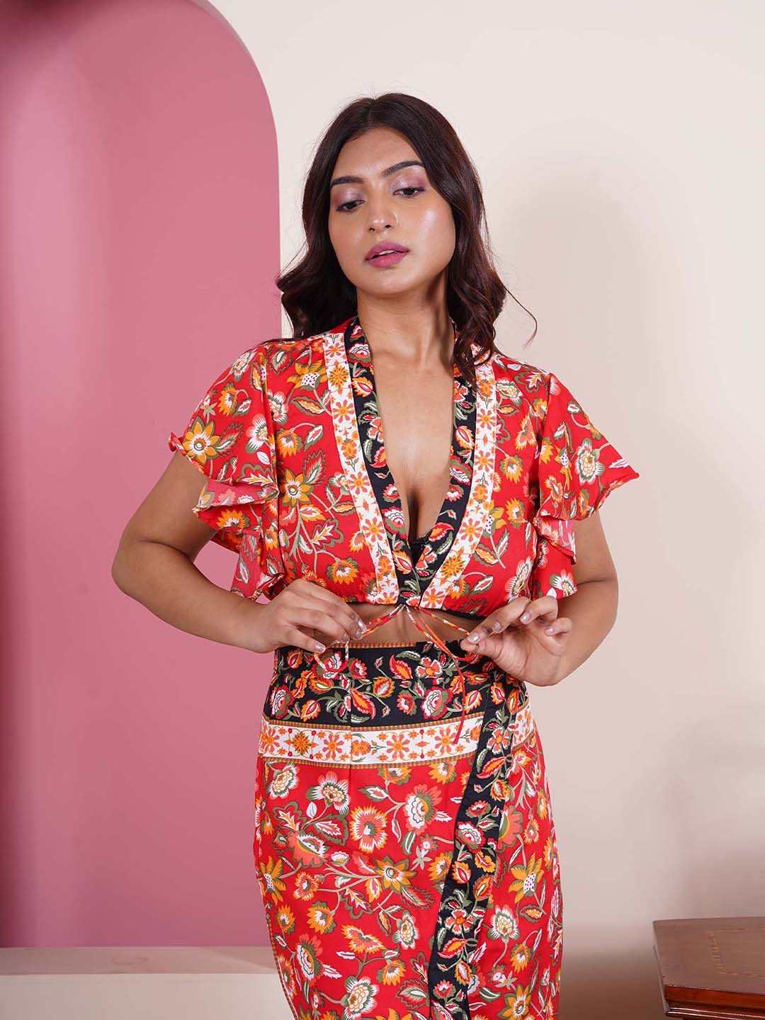 

Salvia Sky Floral Print Kimono Sleeve Wrap Top, Orange