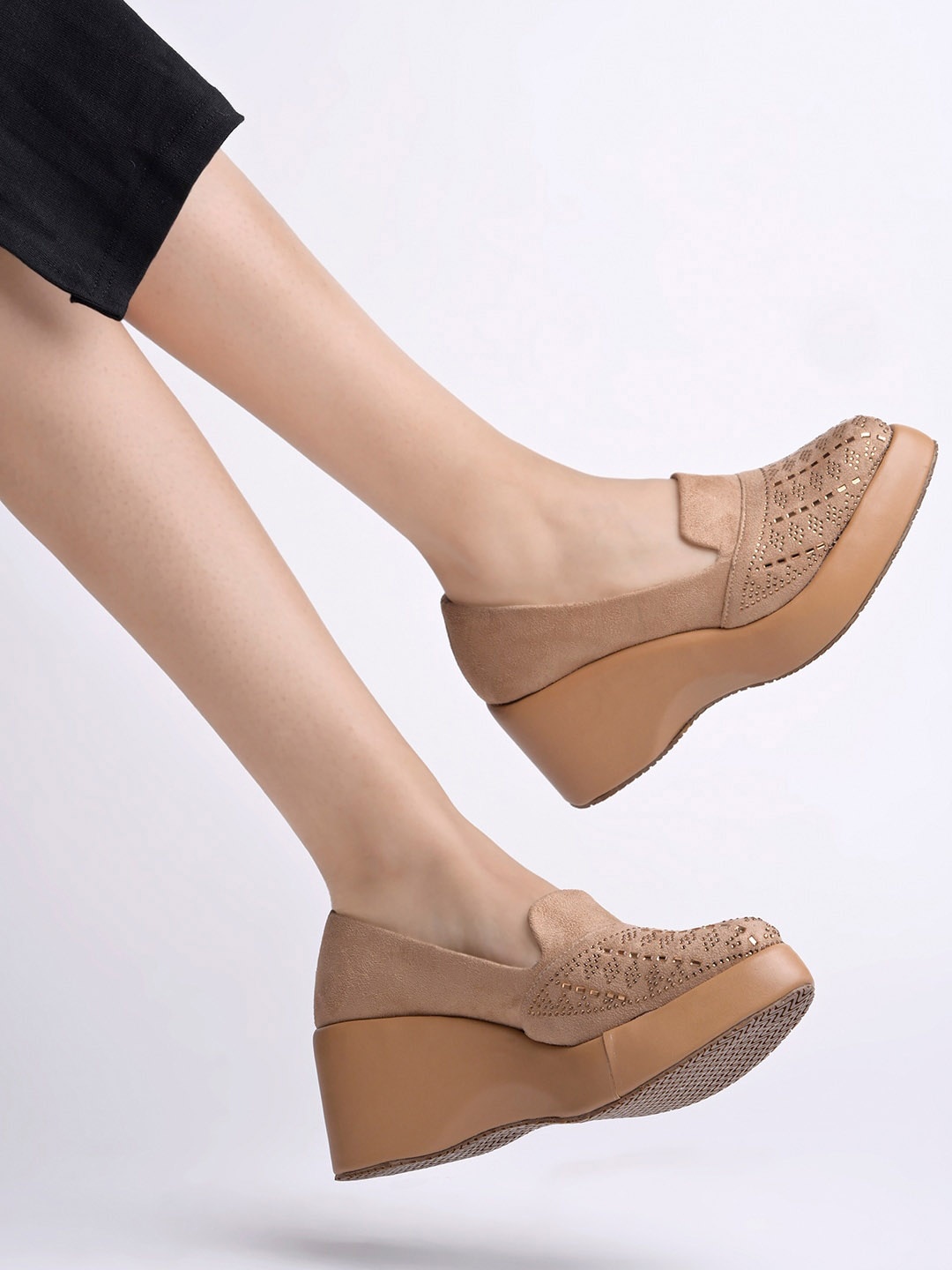 

Shoetopia Embellished Wedge Pumps, Beige