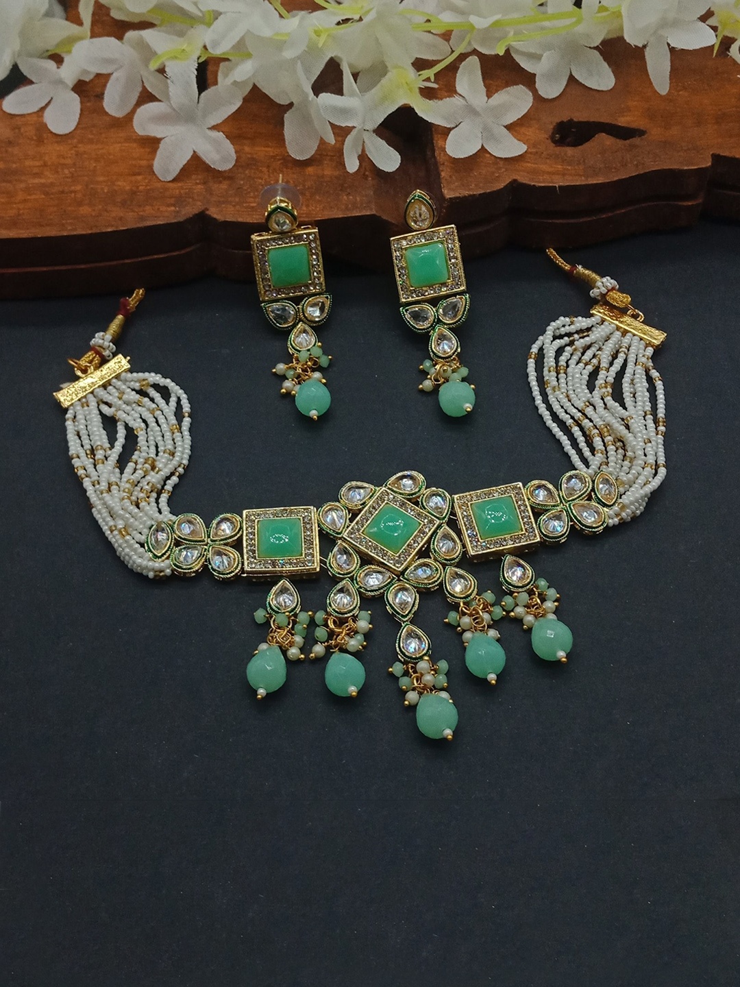 

AASHISH IMITATION Gold-Plated American Diamond-Studded & Beaded Jewellery Set