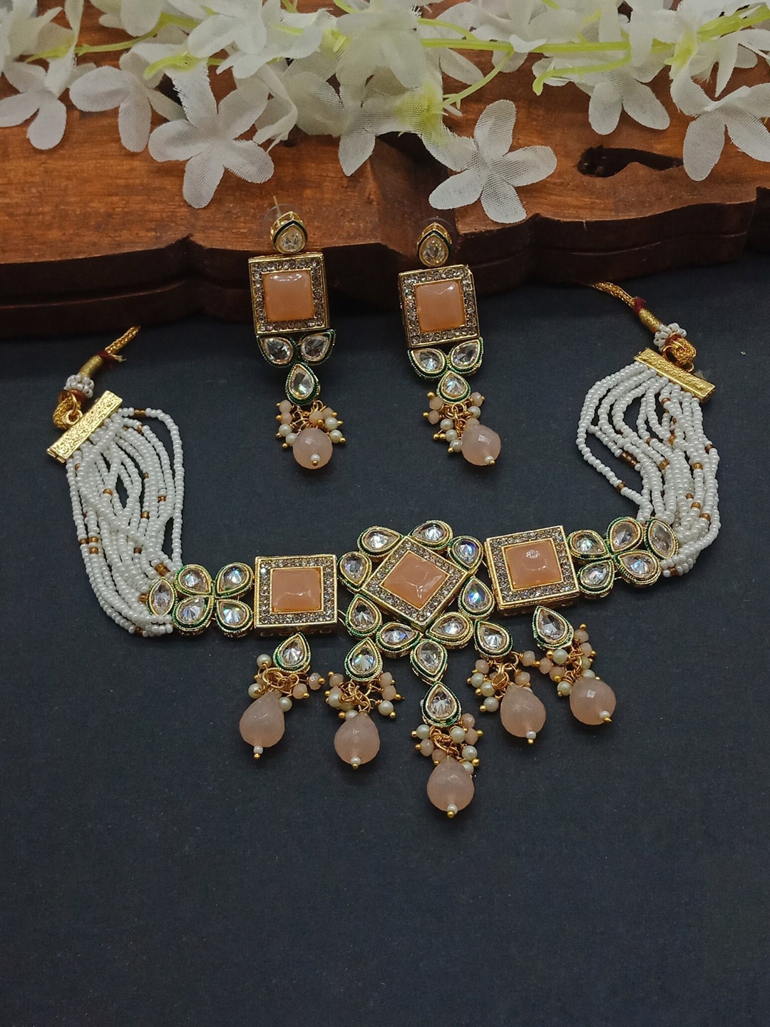 

AASHISH IMITATION Gold-Plated American Diamond-Studded & Beaded Jewellery Set