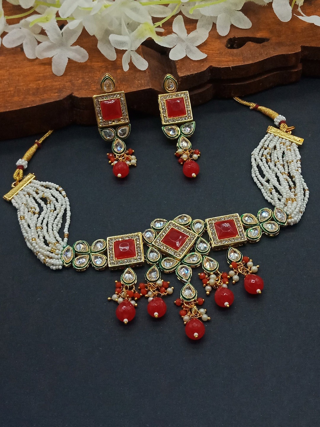 

AASHISH IMITATION Gold-Plated American Diamond-Studded & Beaded Jewellery Set