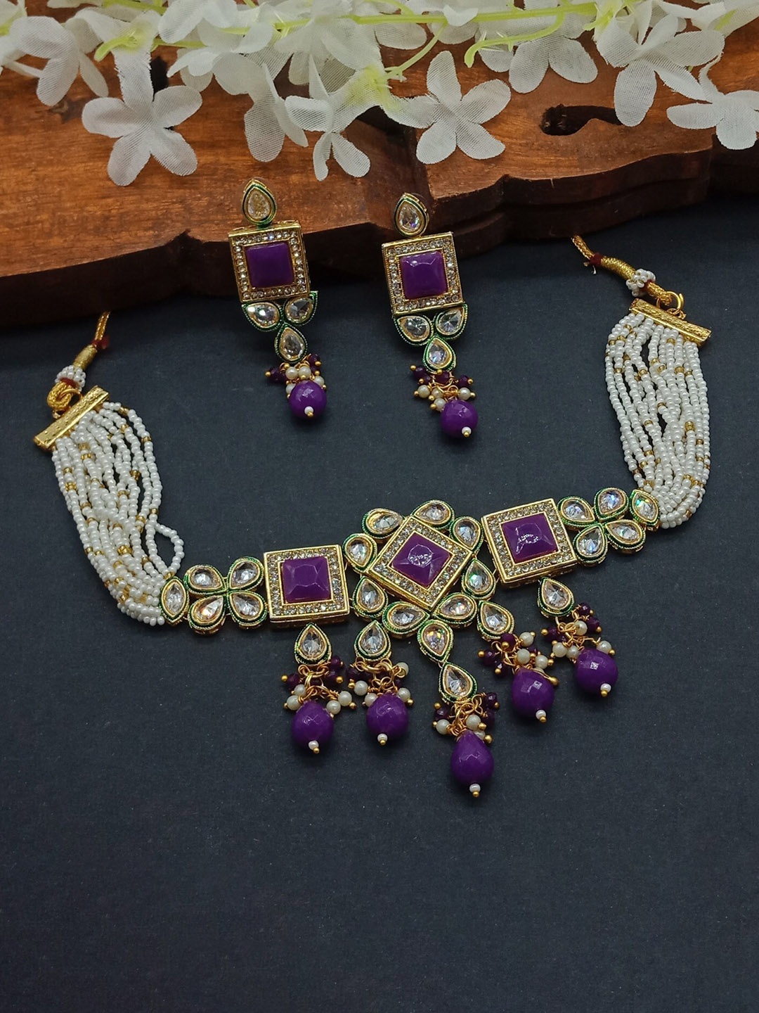 

AASHISH IMITATION Gold-Plated American Diamond-Studded & Beaded Jewellery Set