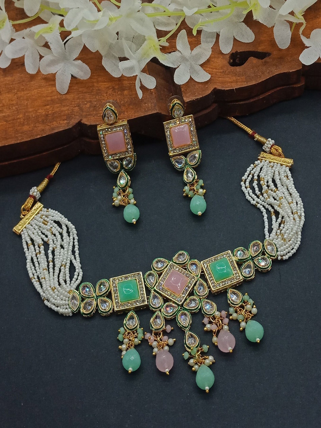 AASHISH IMITATION Gold-Plated AD-Studded Square Jewellery Set