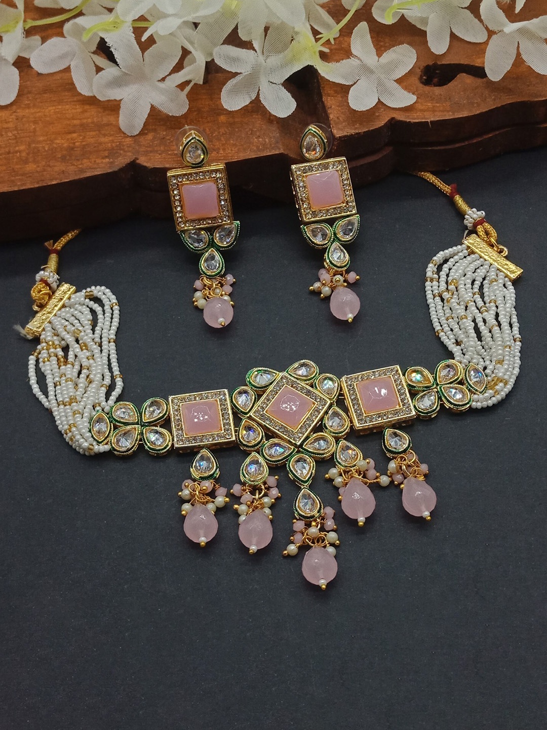 

AASHISH IMITATION Gold-Plated American Diamond-Studded & Beaded Jewellery Set