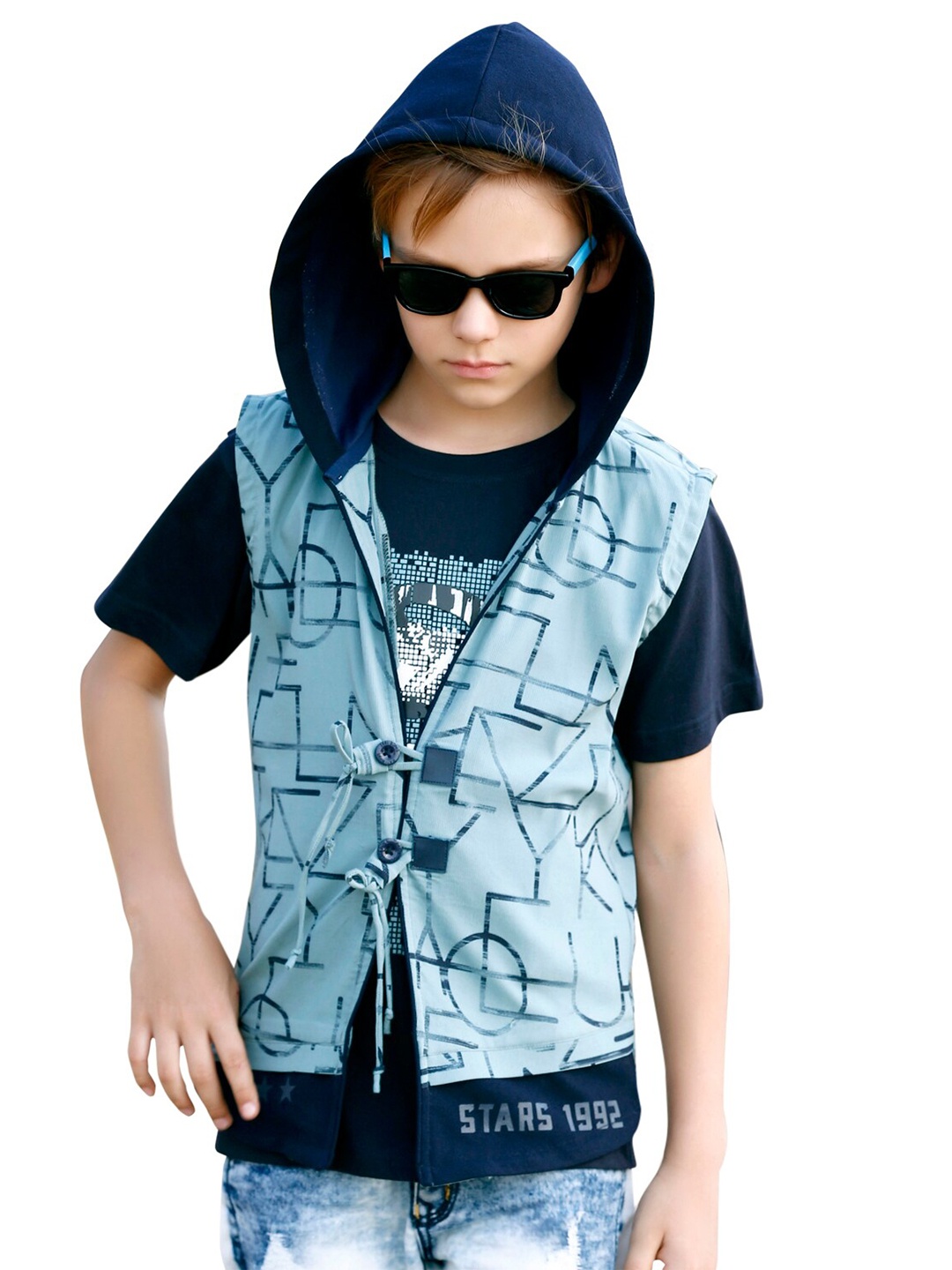 

BAESD Boys Printed Round Neck Cotton T-shirt With Jacket, Blue