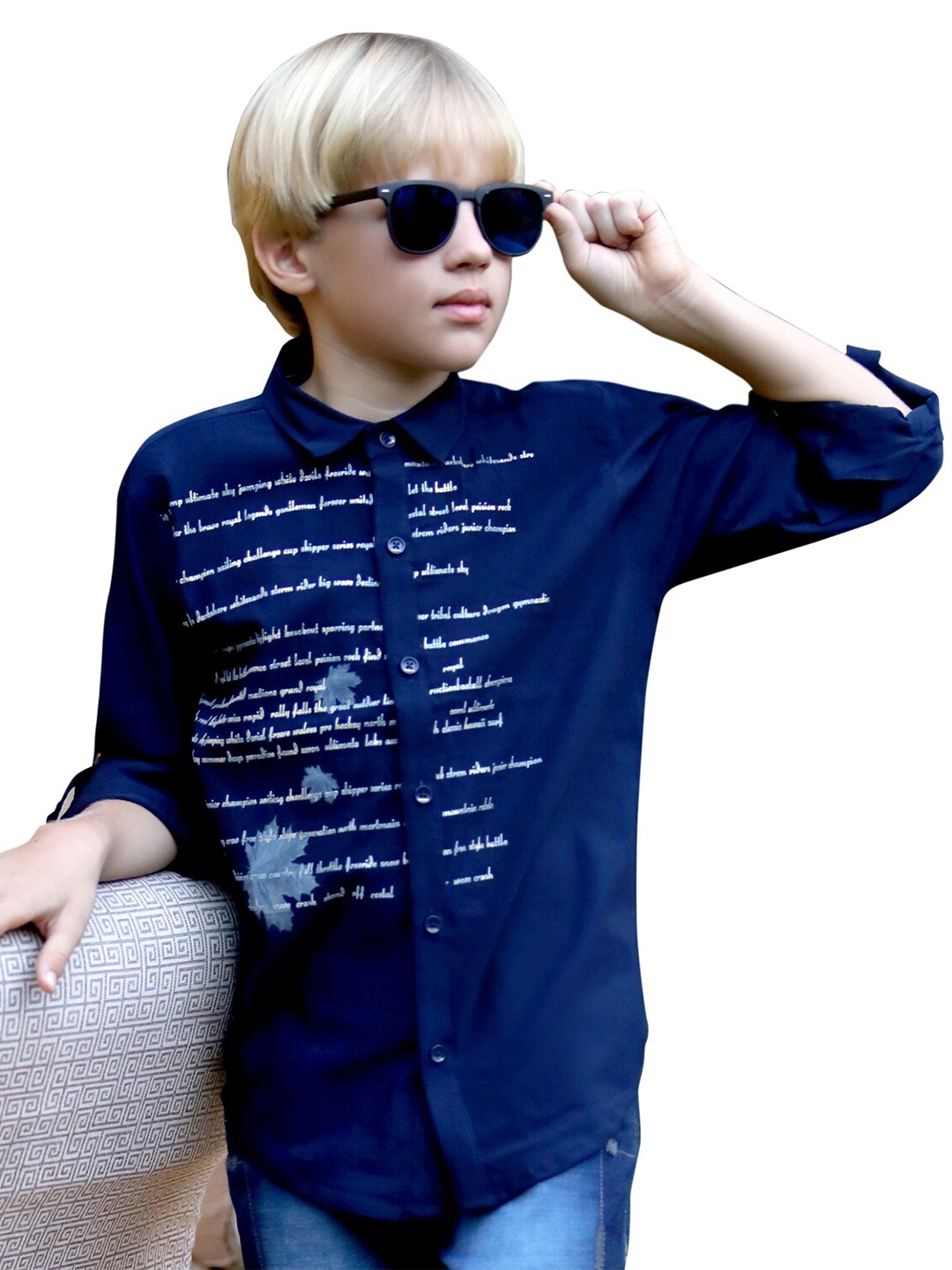 

BAESD Boys Classic Typography Printed Cotton Casual Shirt, Navy blue