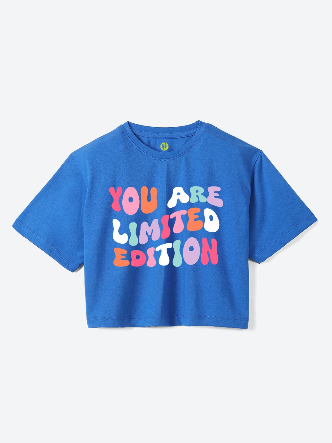 

YK Girls Typography Printed Round Neck Pure Cotton Boxy Crop T-shirt, Blue