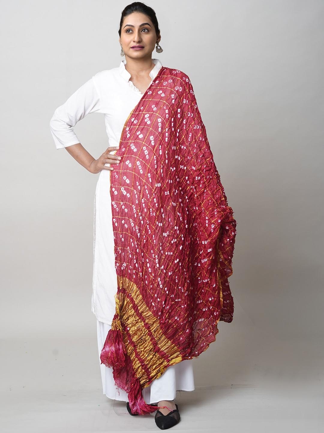 

Unnati Silks Tie & Dye Zari Bandhani Printed Dupatta, Maroon