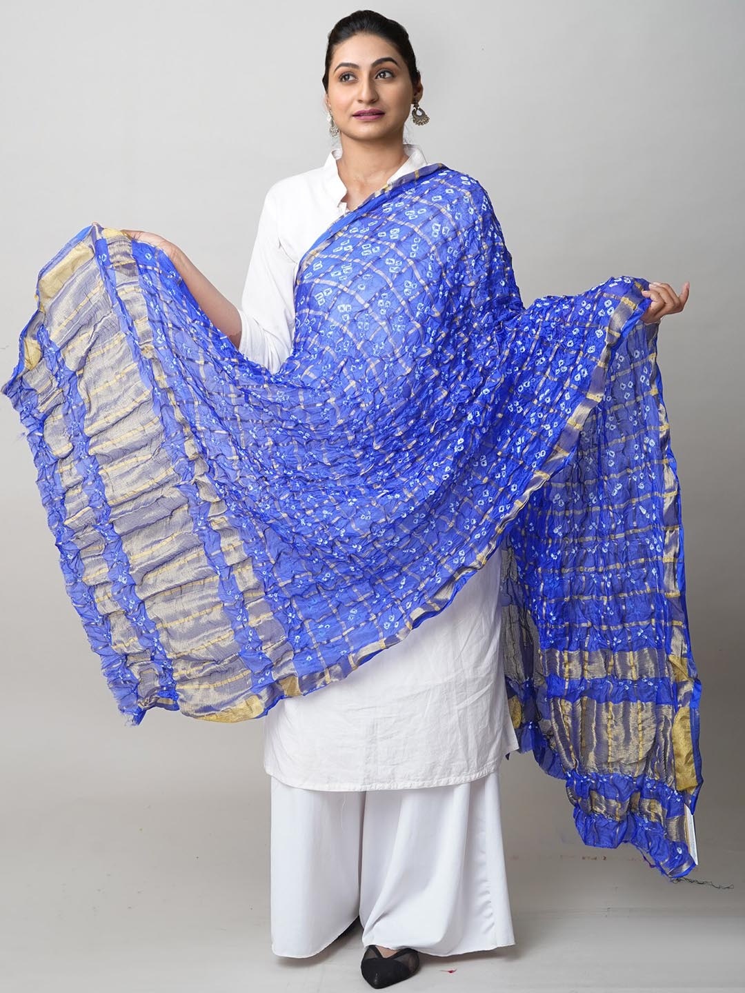 

Unnati Silks Tie & Dye Zari Bandhani Printed Dupatta, Blue