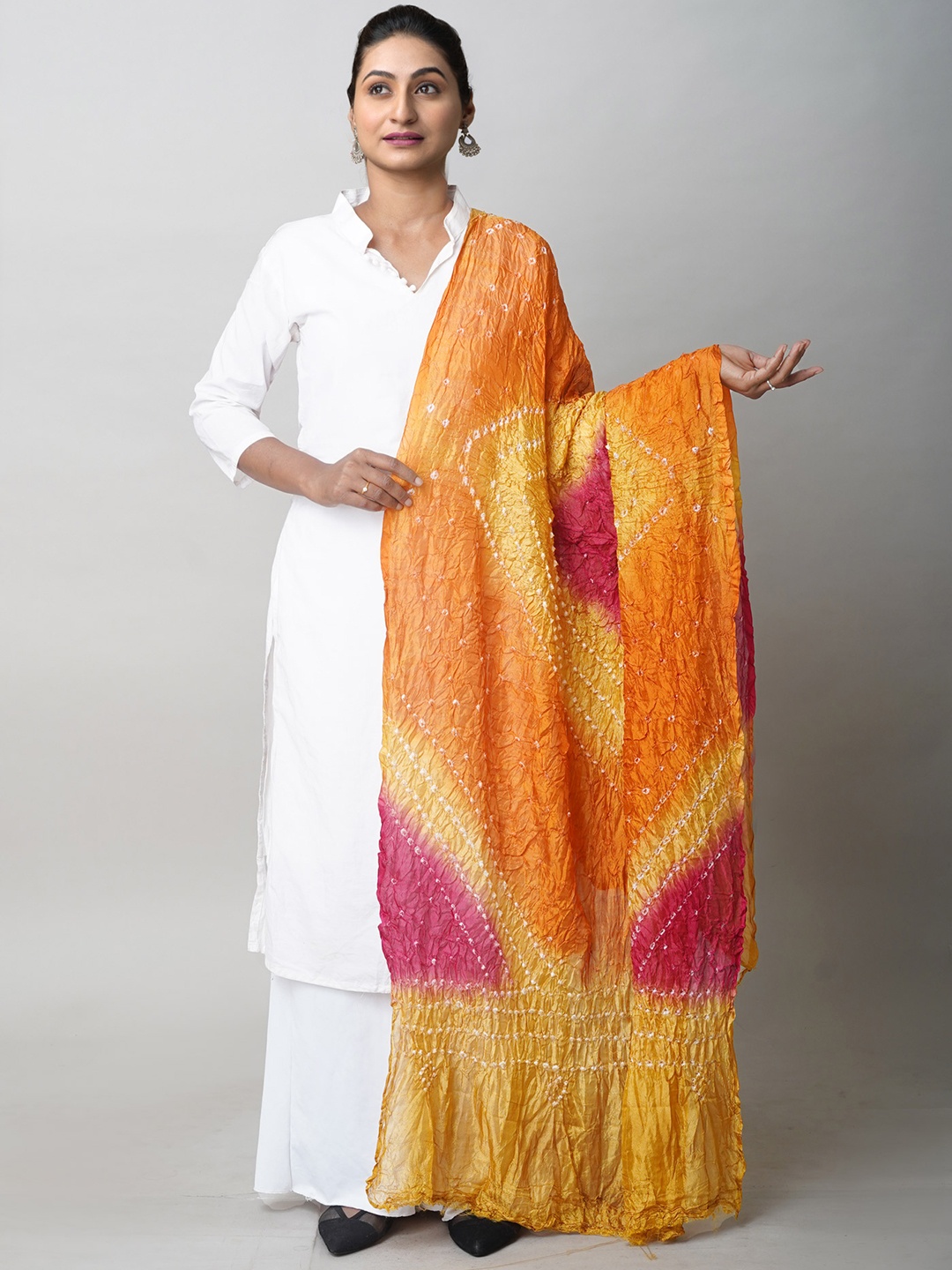 

Unnati Silks Bandhani Printed Zari Detail Dupatta, Orange