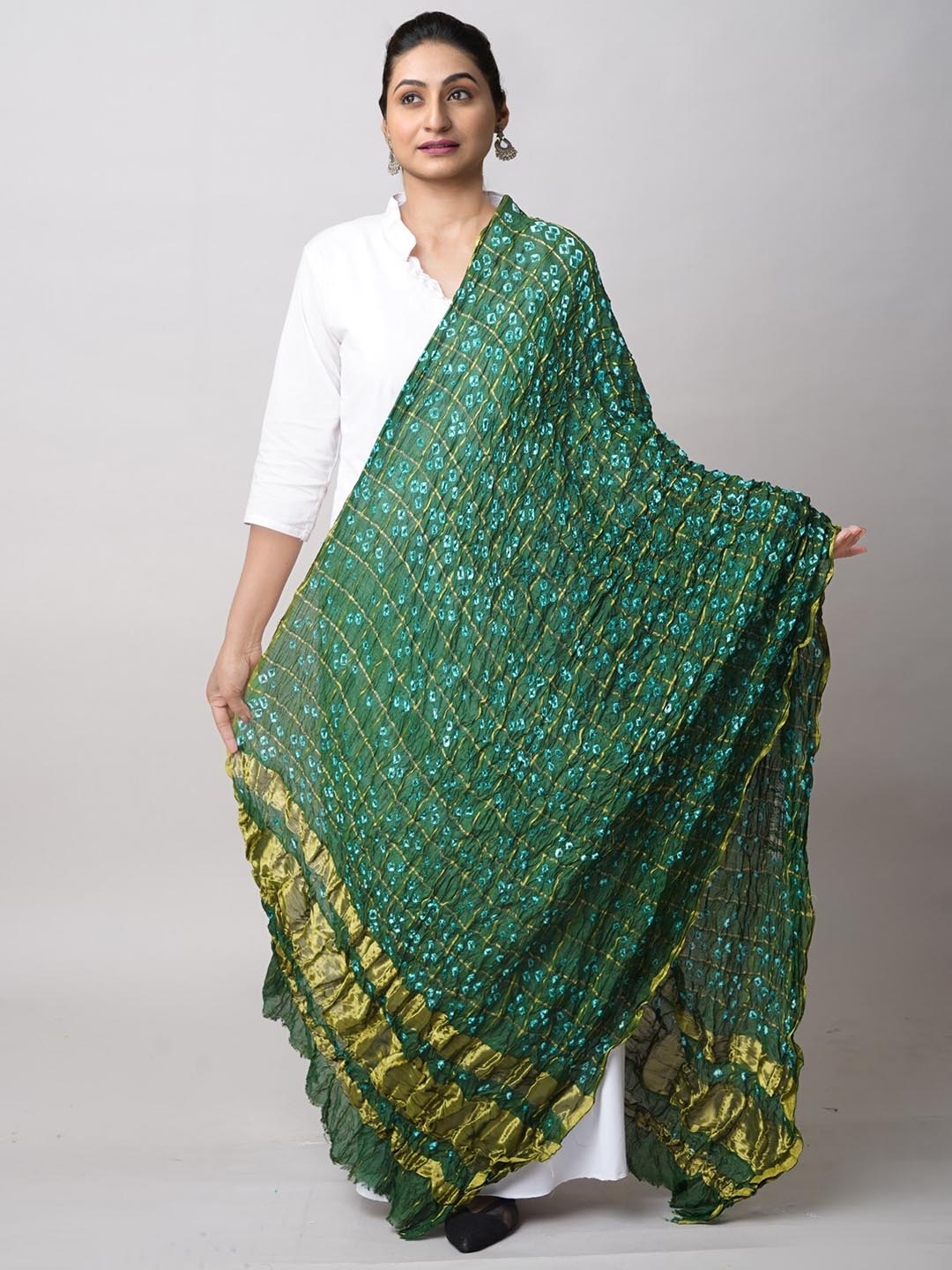 

Unnati Silks Bandhani Printed Dupatta with Zari, Green