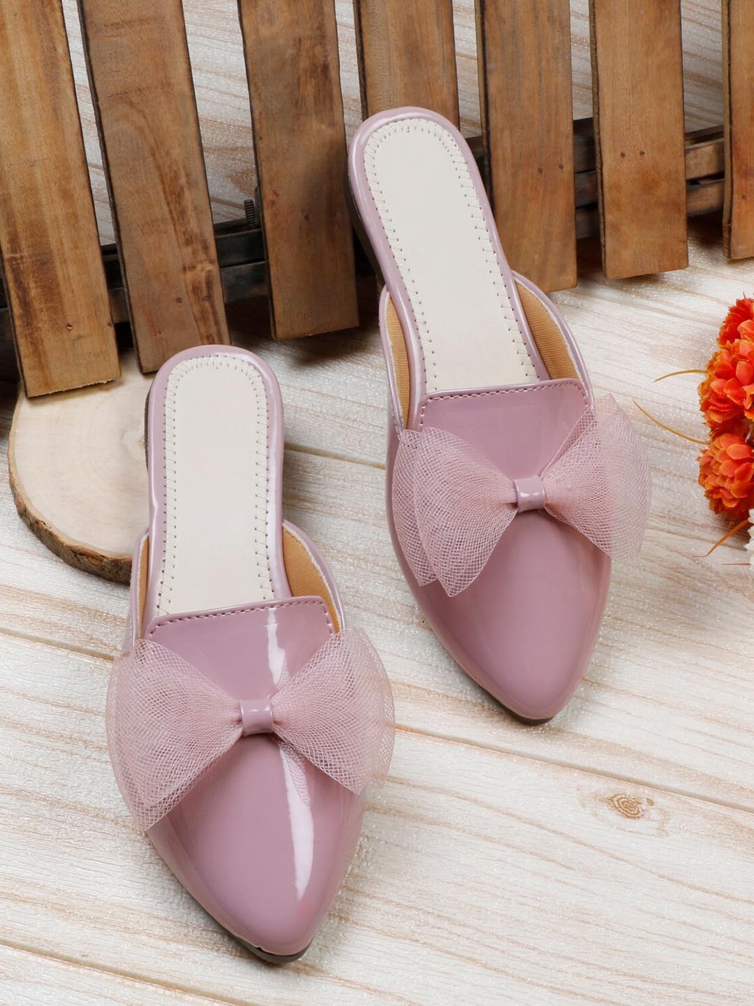 

MEHNAM Pointed Toe Bow Detail Mules, Peach