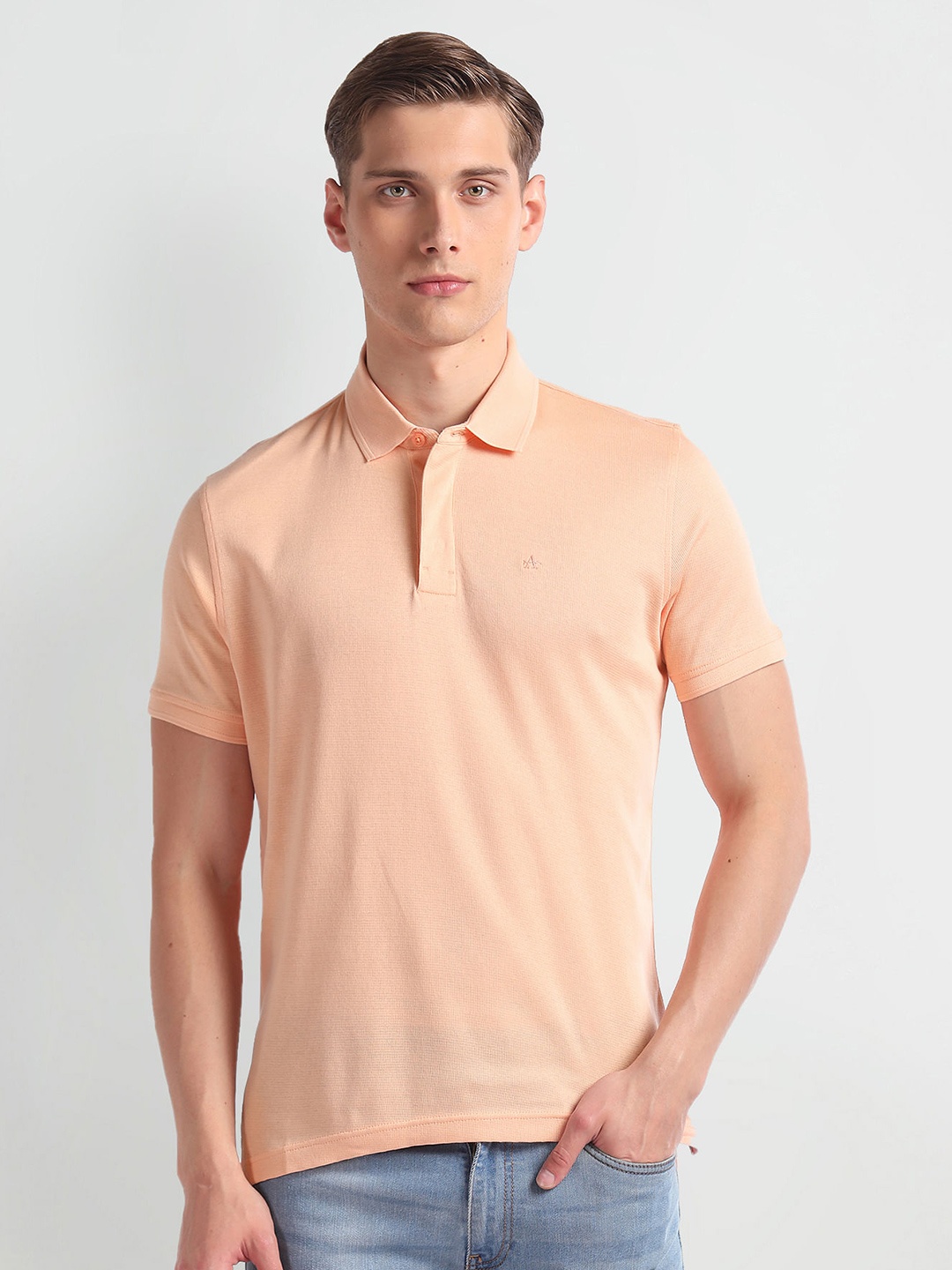 

Arrow Self Design Polo Collar Short Sleeves Cotton T-shirt, Orange