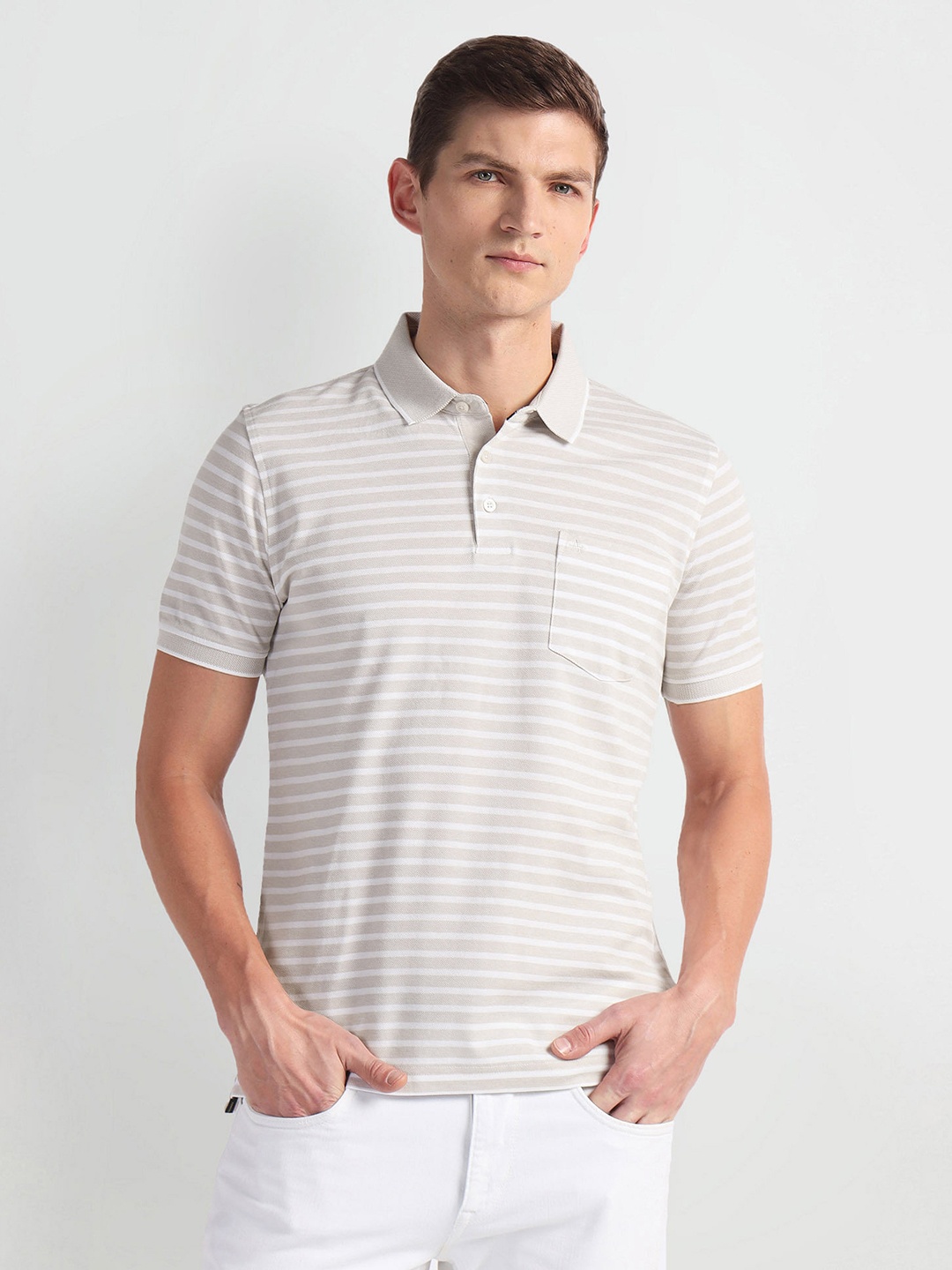 

Arrow Horizontal Striped Polo Collar Casual T-shirt, Beige