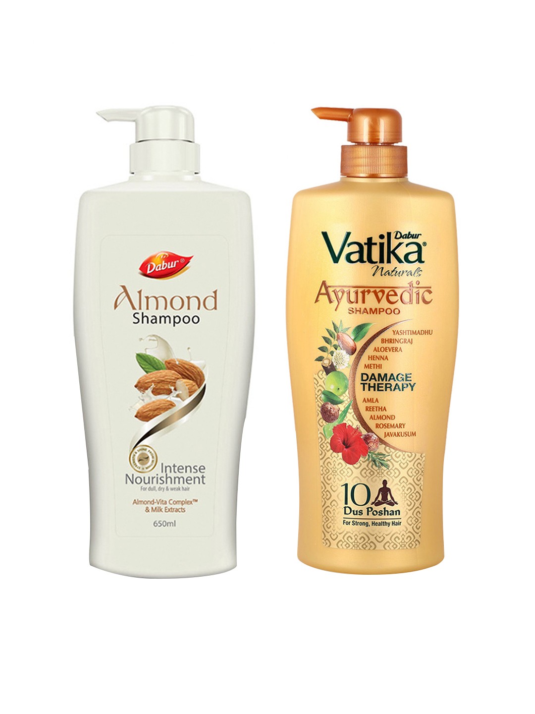 

Dabur Vatika Naturals Ayurvedic Shampoo 640ml & Almond Intense Nourishment Shampoo 650ml, Brown