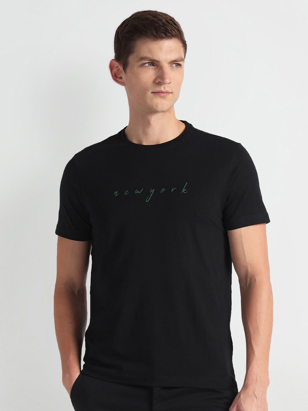 

Arrow New York Round Neck Short Sleeves Typography Printed T-shirt, Black